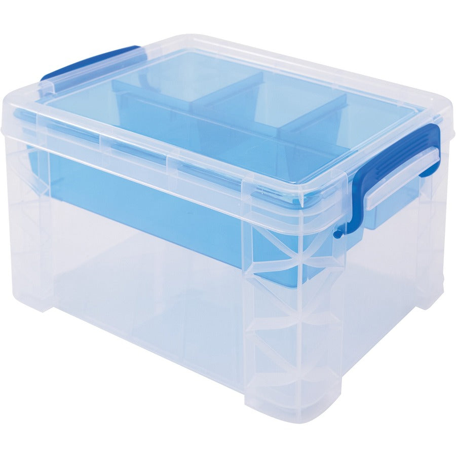 Super Stacker Divided Storage Box, 5 Sections, 7.5" x 10.13" x 6.5", Clear/Blue