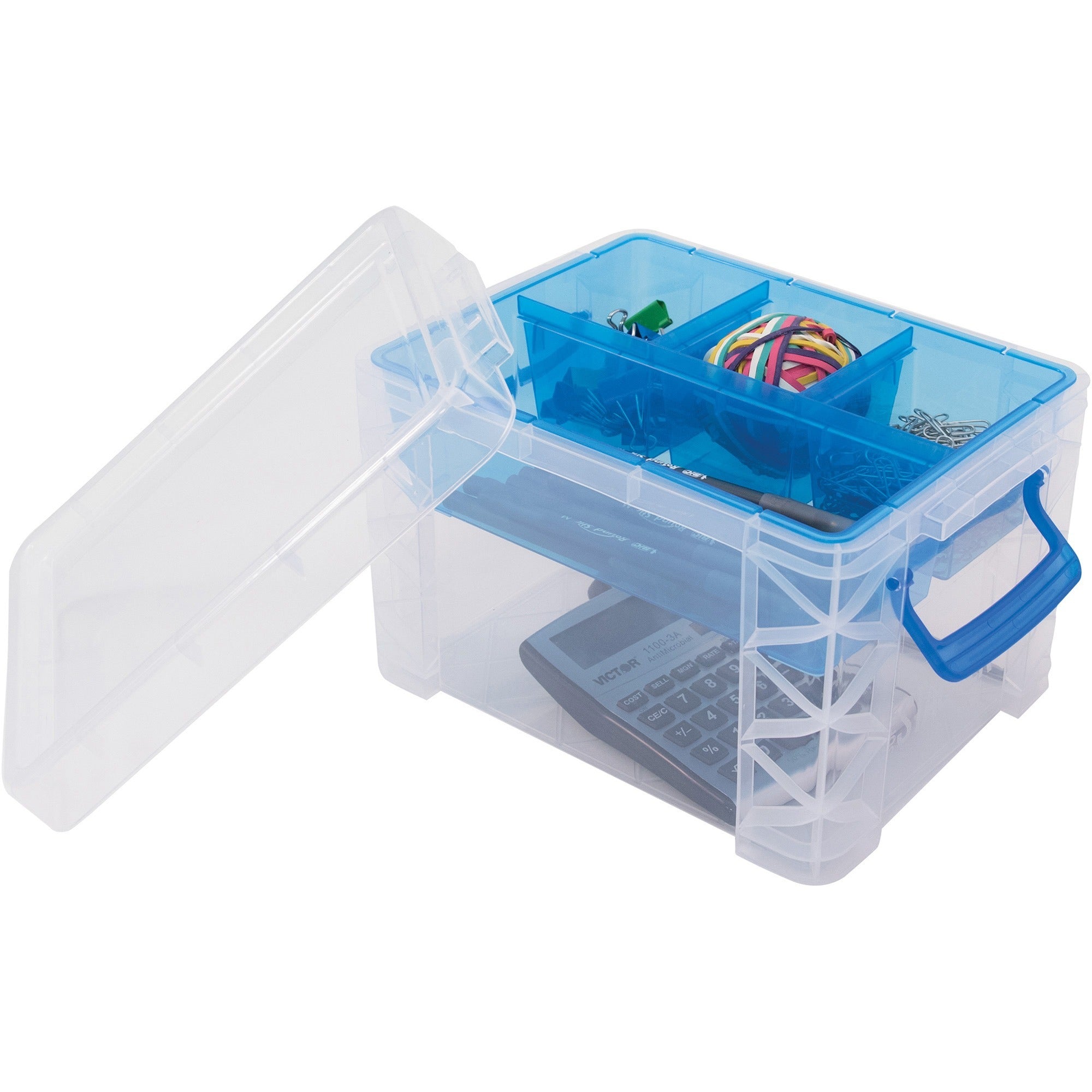 Super Stacker Divided Storage Box, 5 Sections, 7.5" x 10.13" x 6.5", Clear/Blue
