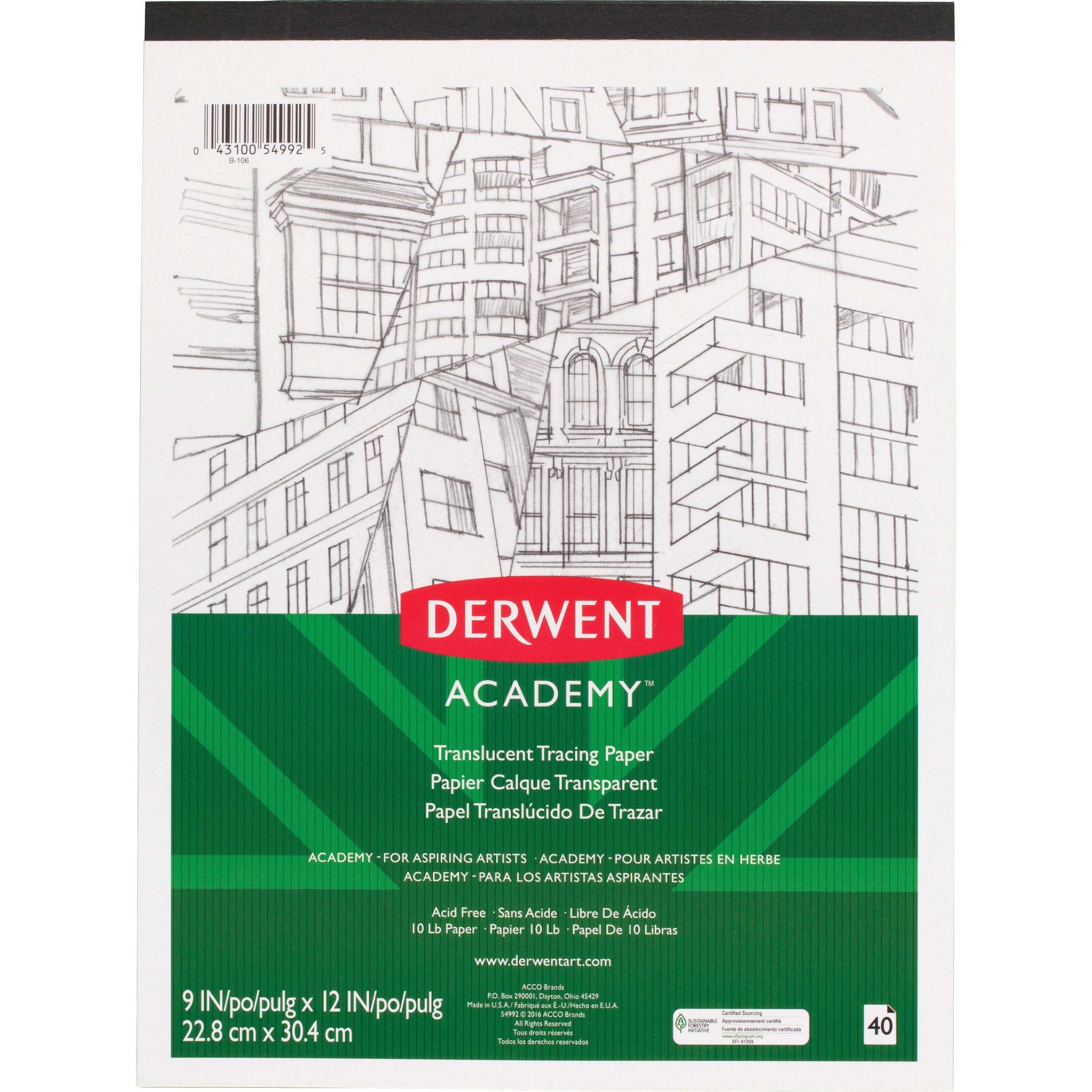 Derwent Academy Translucent Paper Pad - 40 Sheets - Tape Bound - 10 lb Basis Weight - 9" x 12" - White Paper - 1 Each
