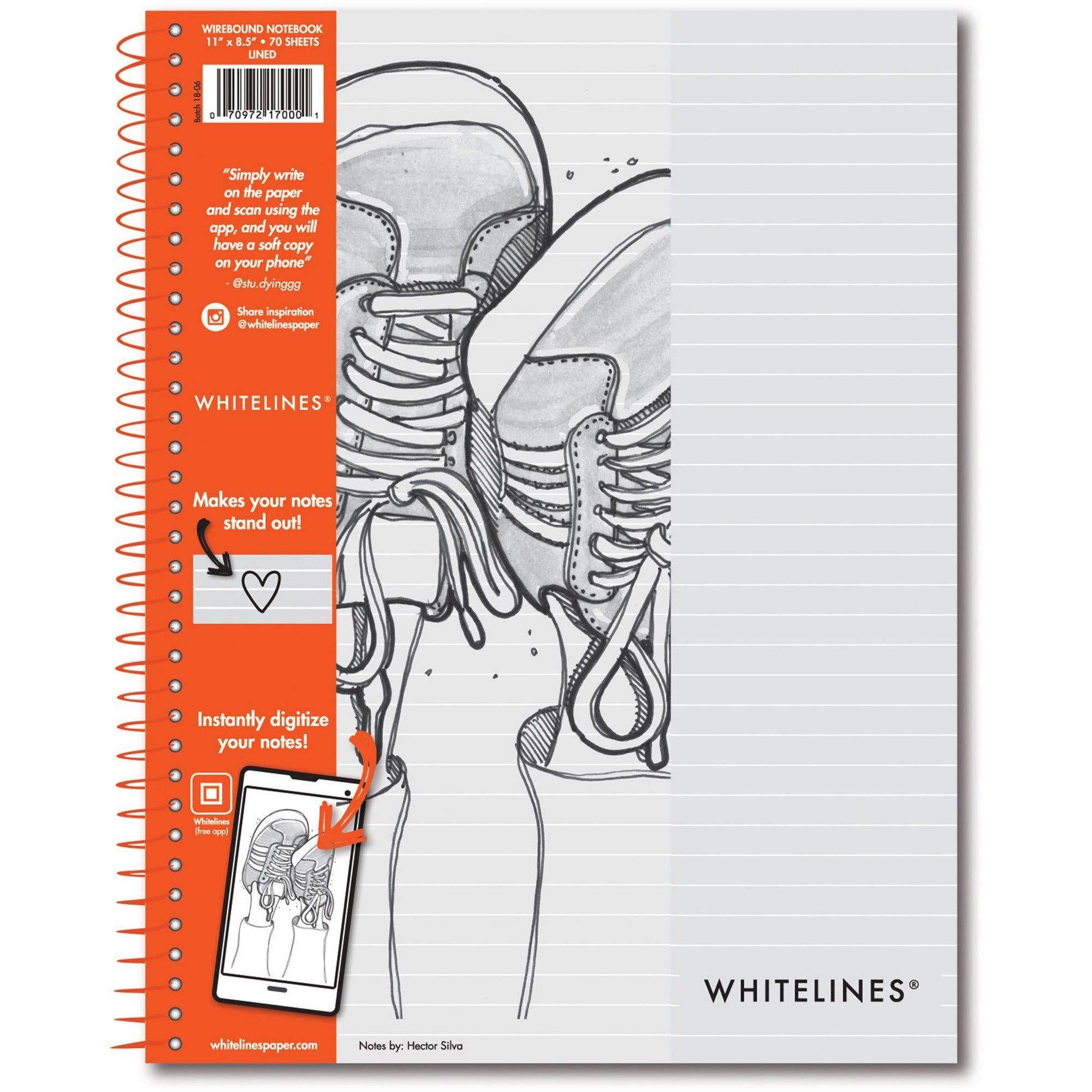 Roaring Spring Whitelines Premium Line Ruled Spiral Notebook - 70 Sheets - 140 Pages - Printed - Spiral Bound - Both Side Ruling Surface - 20 lb Basis Weight - 75 g/m2 Grammage - 11" x 8 1/2" - 0.33" x 8.5" x 11" - Gray Paper - 1 Each