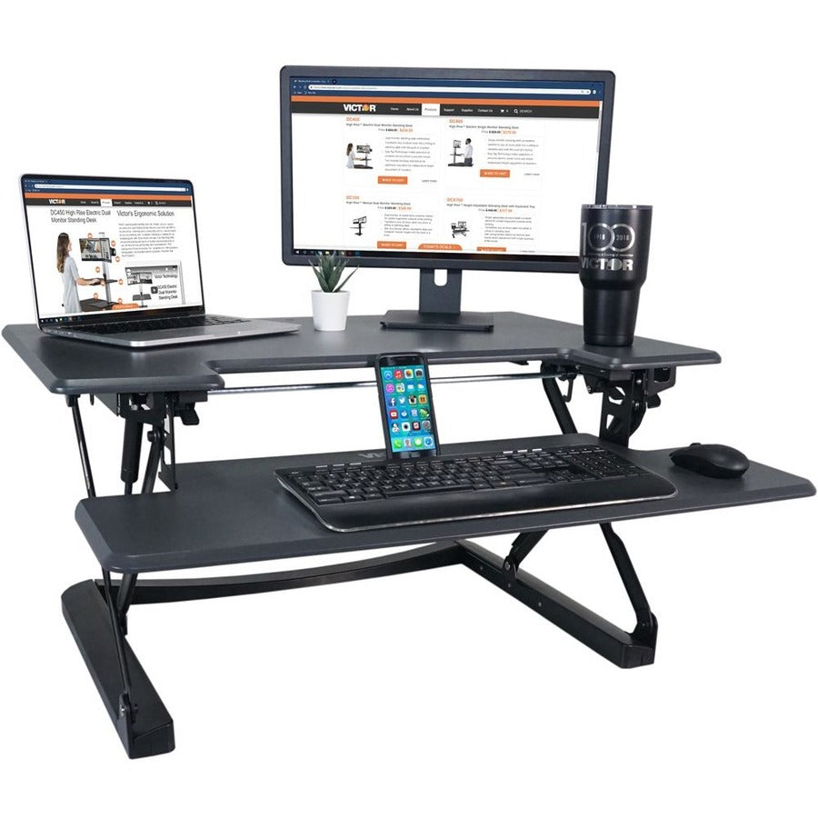 High Rise Height Adjustable Standing Desk with Keyboard Tray, 36" x 31.25" x 5.25" to 20", Gray/Black