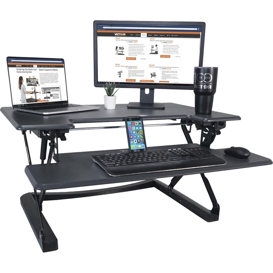 High Rise Height Adjustable Standing Desk with Keyboard Tray, 36" x 31.25" x 5.25" to 20", Gray/Black