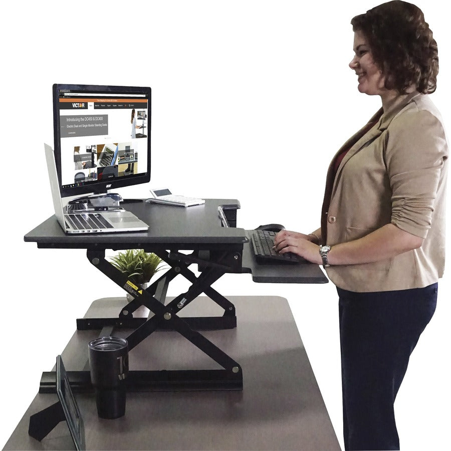 High Rise Height Adjustable Standing Desk with Keyboard Tray, 36" x 31.25" x 5.25" to 20", Gray/Black