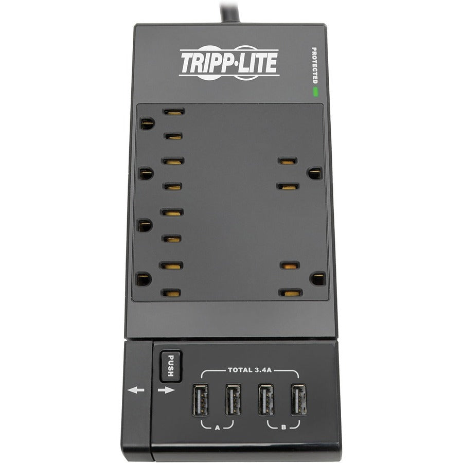 Tripp Lite by Eaton Protect It! 6-Outlet Surge Protector 4 USB Ports 6 ft. Cord 1080 Joules Diagnostic LED Black Housing - 6 x NEMA 5-15R, 4 x USB - 1800 VA - 1080 J - 120 V AC Input