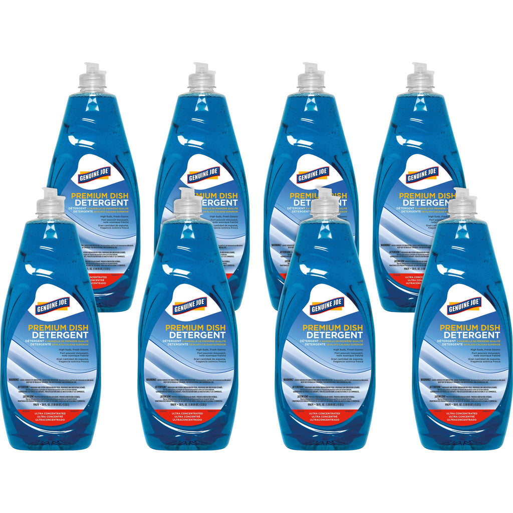 Genuine Joe Premium Dish Detergent - For Dish - Concentrate - 38 fl oz (1.2 quart) - 8 / Carton - Blue