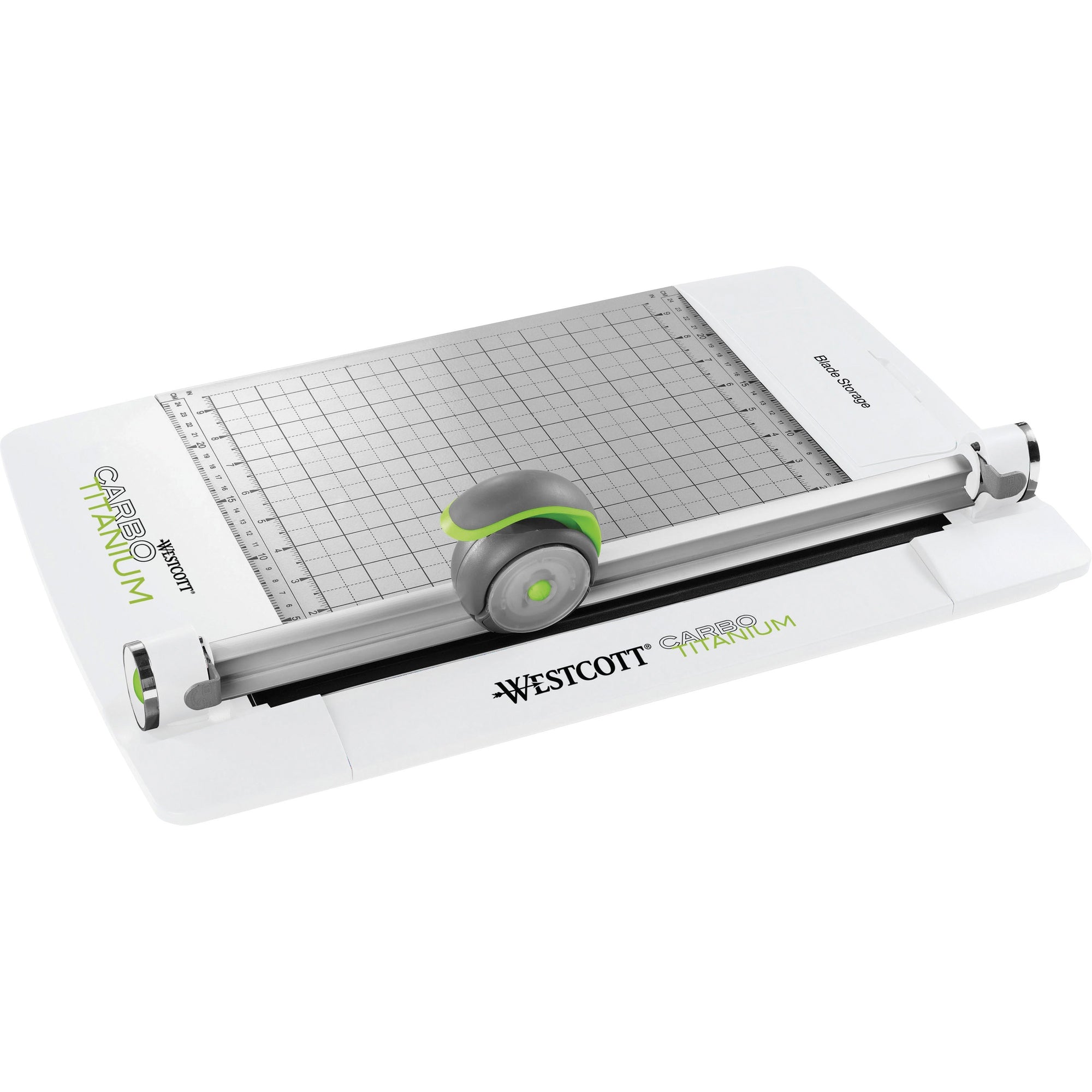 Westcott CarboTitanium Rotary Trimmer - CarboTitanium Blade - 12" Cutting Length - Multi-position Push Button - White, Green - 19.3" Length - 1 Each