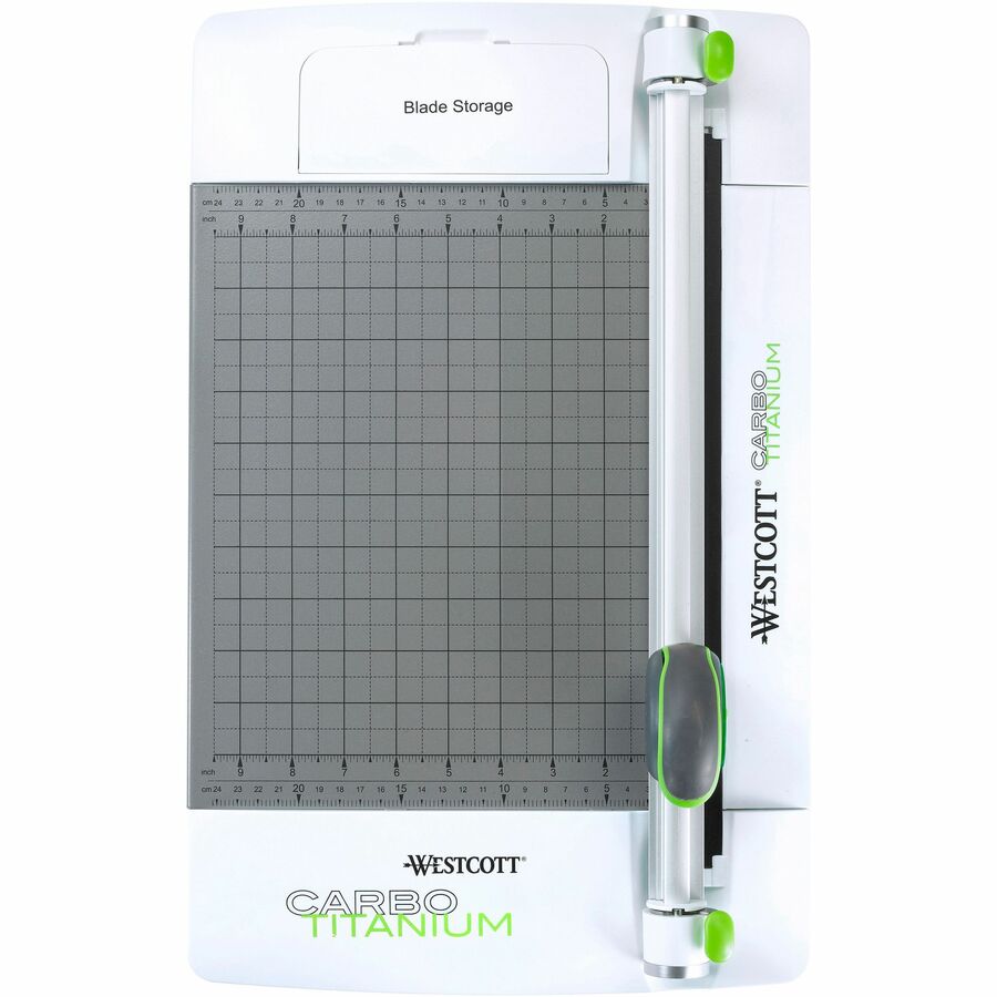 Westcott CarboTitanium Rotary Trimmer - CarboTitanium Blade - 12" Cutting Length - Multi-position Push Button - White, Green - 19.3" Length - 1 Each