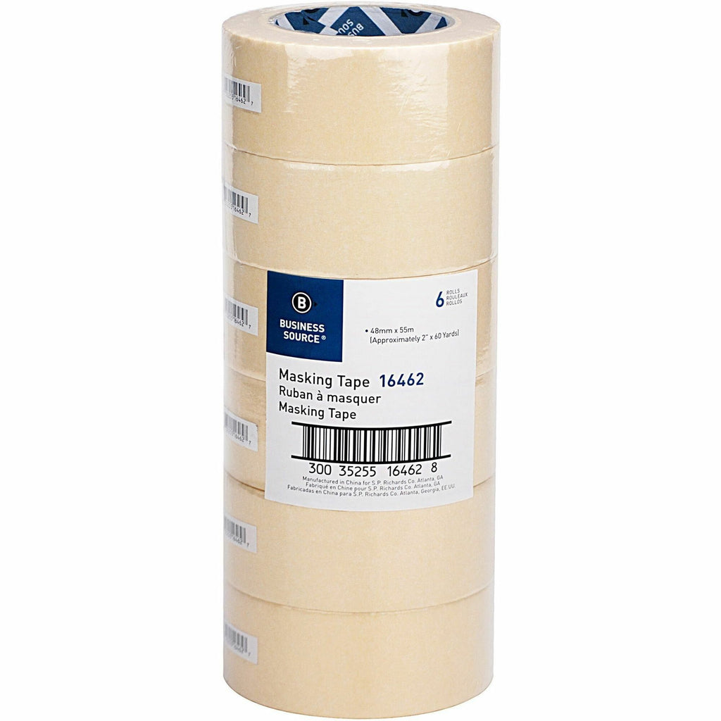 Business Source Utility-purpose Masking Tape - 60 yd Length x 2" Width - 3" Core - Crepe Paper Backing - For Bundling, Holding, Sealing, Masking - 6 / Pack - Tan