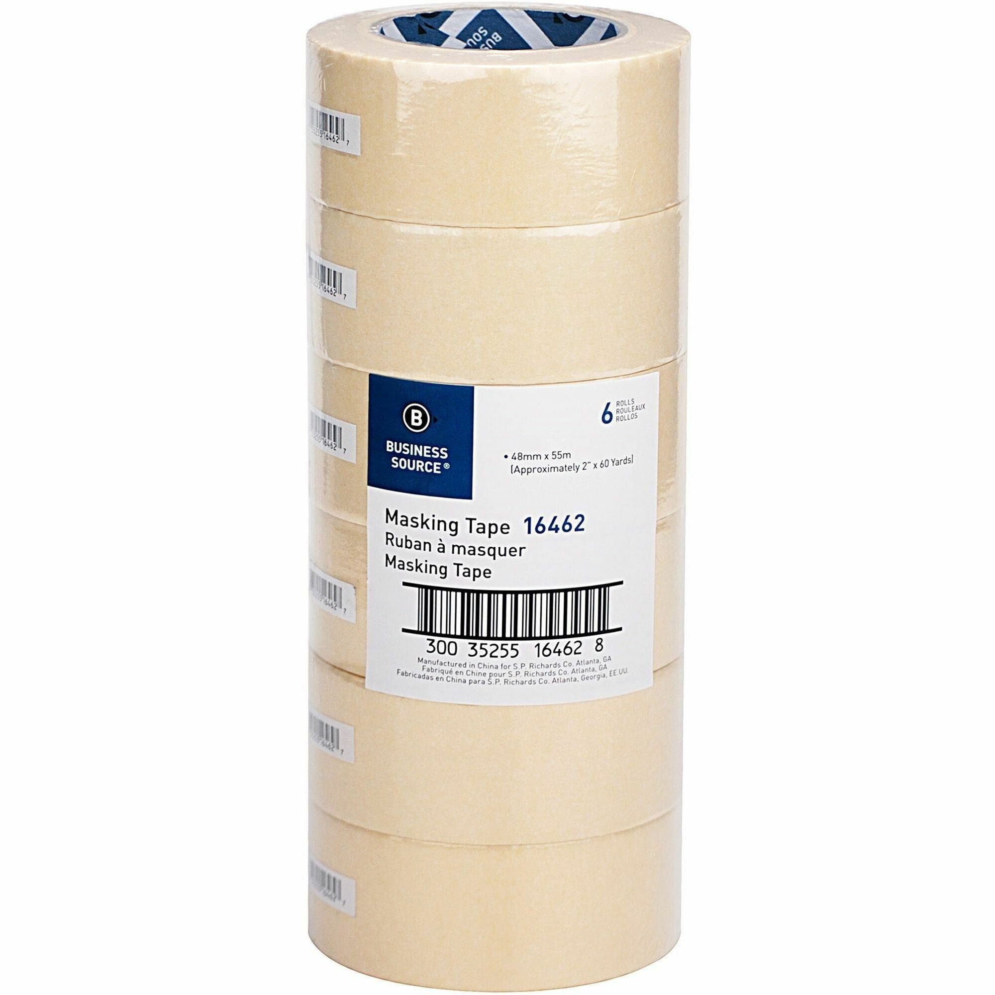 Business Source Utility-purpose Masking Tape - 60 yd Length x 2" Width - 3" Core - Crepe Paper Backing - For Bundling, Holding, Sealing, Masking - 6 / Pack - Tan