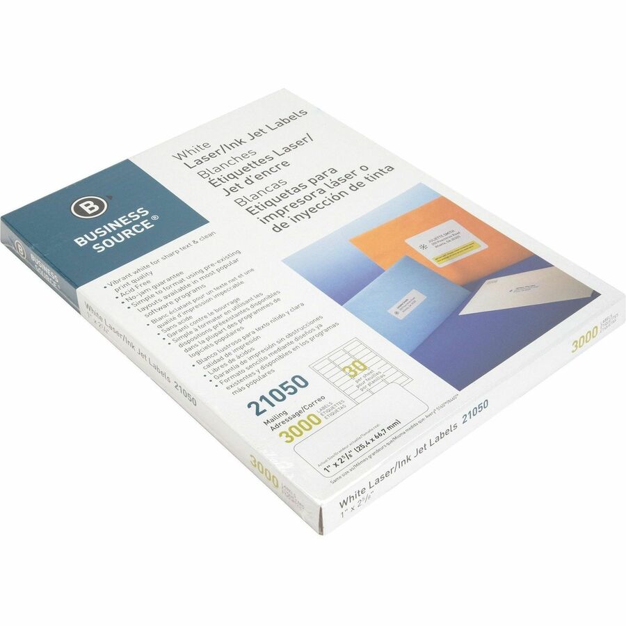 Business Source Bright White Premium-quality Address Labels - 1" Width x 2 5/8" Length - Permanent Adhesive - Rectangle - Laser, Inkjet - White - 30 / Sheet - 100 Total Sheets - 15000 / Carton - Jam-free