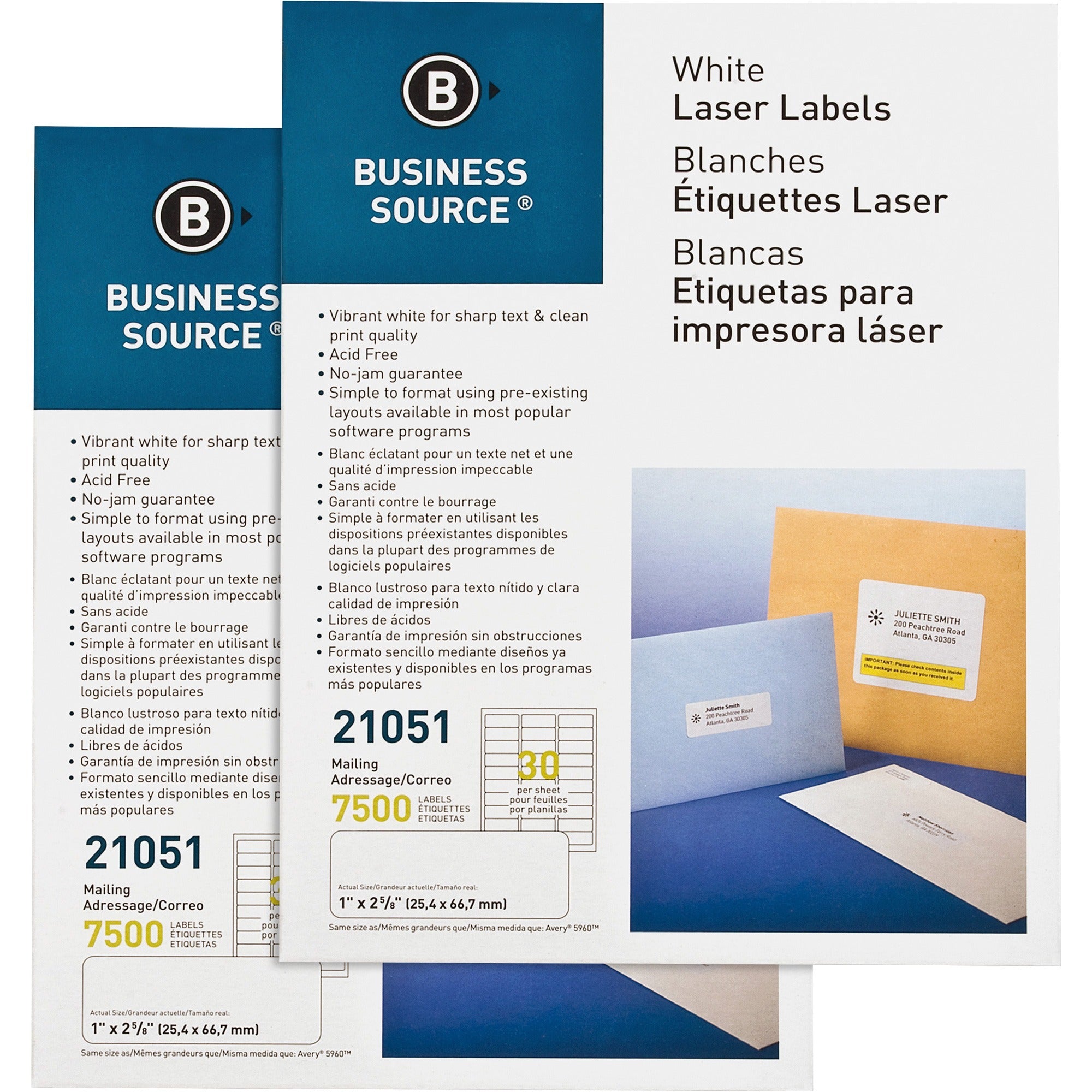 Business Source Bright White Premium-quality Address Labels - 1" Width x 2 5/8" Length - Permanent Adhesive - Rectangle - Laser, Inkjet - White - 30 / Sheet - 250 Total Sheets - 15000 / Carton - Jam-free