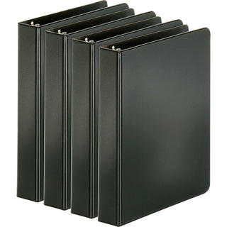 Business Source Basic Round Ring Binders - 1" Binder Capacity - 240 Sheet Capacity - 3 x Round Ring Fastener(s) - Inside Front & Back Pocket(s) - Chipboard, Polypropylene - Black - Exposed Rivet, Sturdy, Open and Closed Triggers - 4 / Bundle