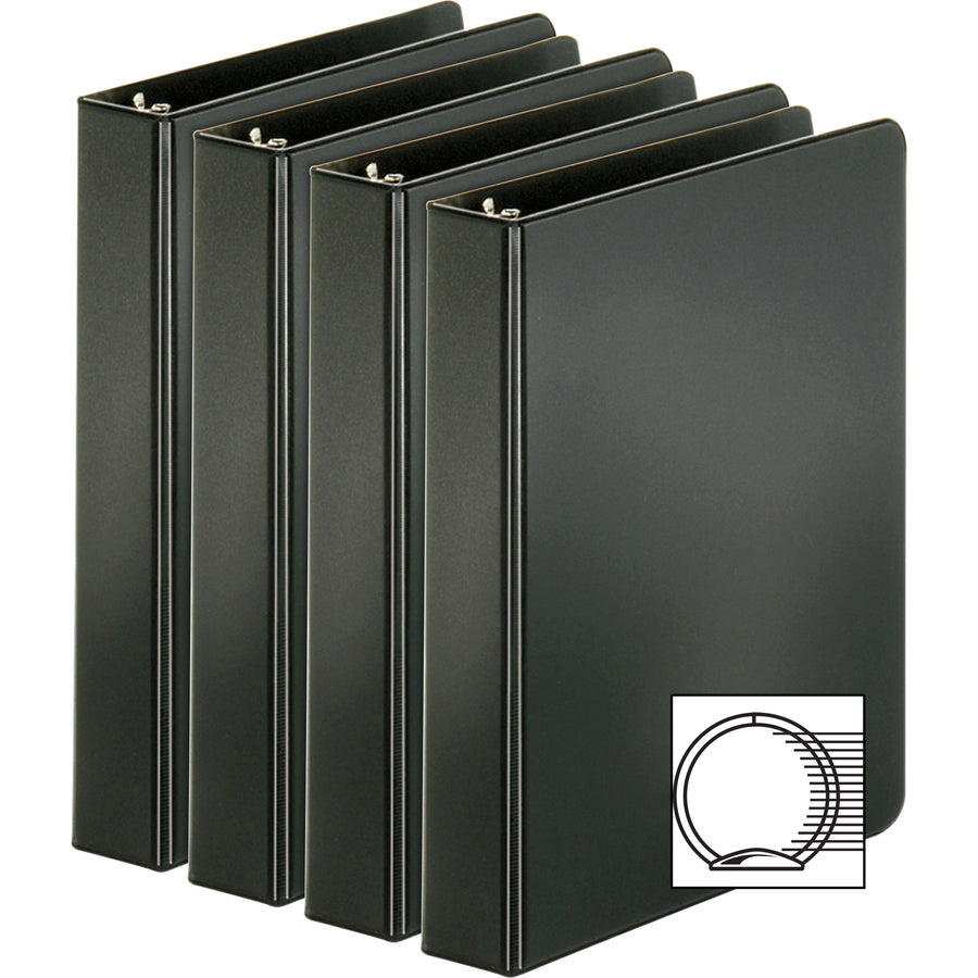 Business Source Basic Round Ring Binders - 1" Binder Capacity - 240 Sheet Capacity - 3 x Round Ring Fastener(s) - Inside Front & Back Pocket(s) - Chipboard, Polypropylene - Black - Exposed Rivet, Sturdy, Open and Closed Triggers - 4 / Bundle