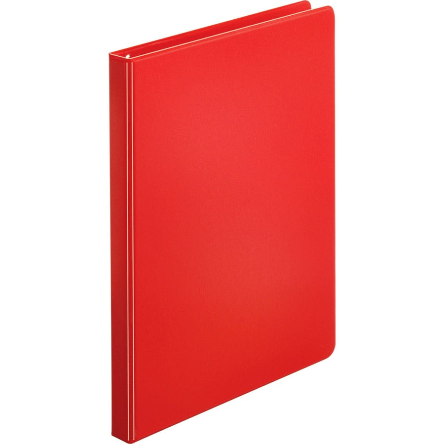 Business Source Basic Round Ring Binders - 1/2" Binder Capacity - Letter - 8 1/2" x 11" Sheet Size - 125 Sheet Capacity - 3 x Round Ring Fastener(s) - Internal Pocket(s) - Chipboard, Polypropylene - Red - Exposed Rivet, Sturdy - 4 / Bundle