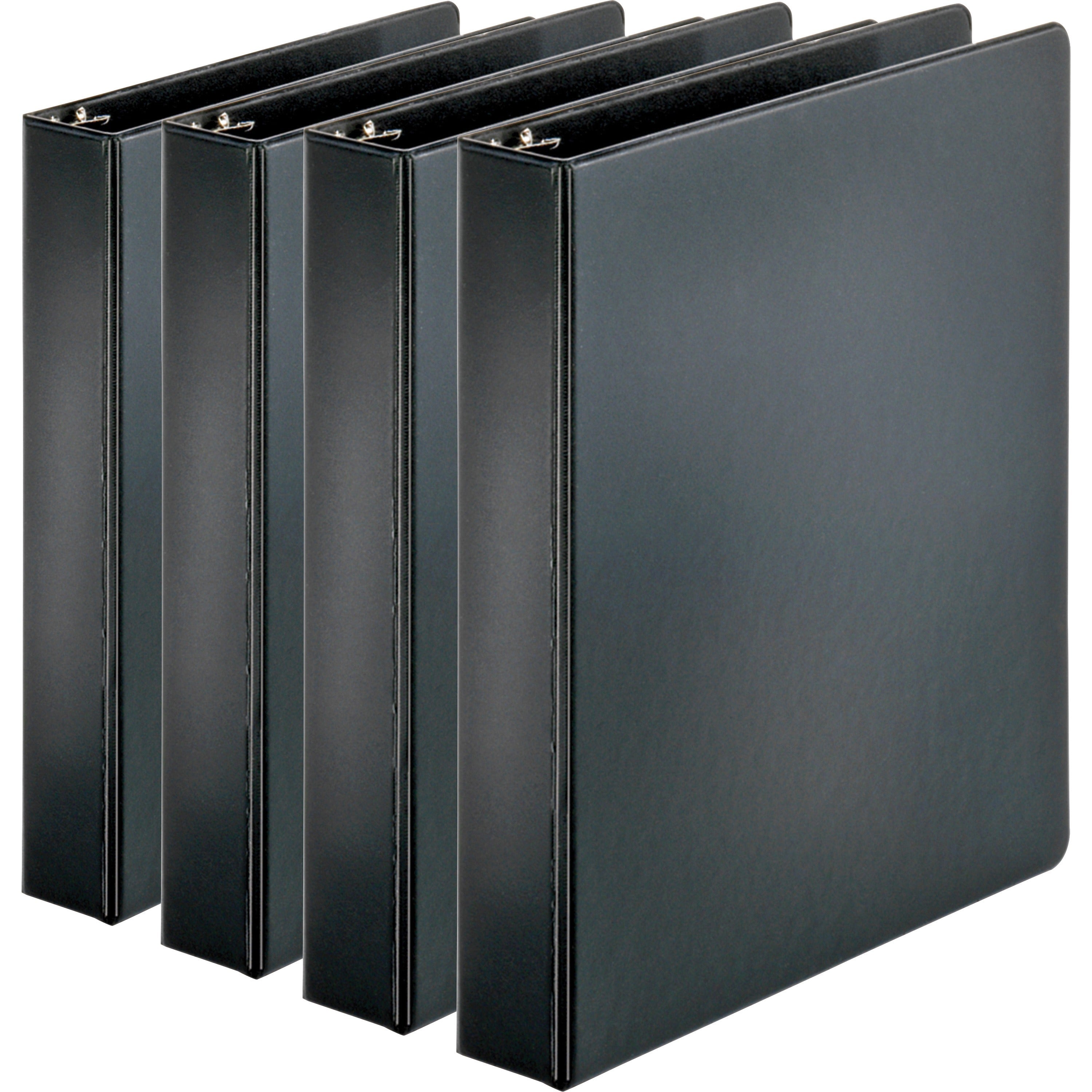 Business Source Basic Round Ring Binders - 1 1/2" Binder Capacity - Letter - 8 1/2" x 11" Sheet Size - 350 Sheet Capacity - 3 x Round Ring Fastener(s) - Internal Pocket(s) - Chipboard, Polypropylene - Black - Exposed Rivet, Sturdy - 4 / Bundle