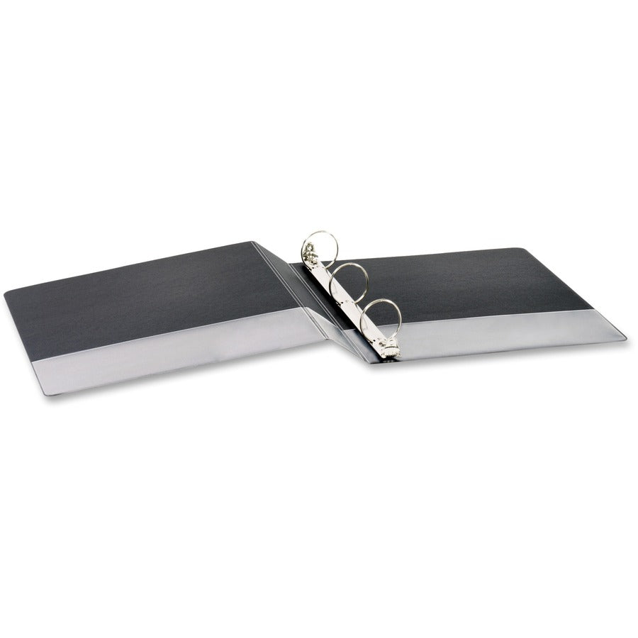 Business Source Basic Round Ring Binders - 1 1/2" Binder Capacity - Letter - 8 1/2" x 11" Sheet Size - 350 Sheet Capacity - 3 x Round Ring Fastener(s) - Internal Pocket(s) - Chipboard, Polypropylene - Black - Exposed Rivet, Sturdy - 4 / Bundle