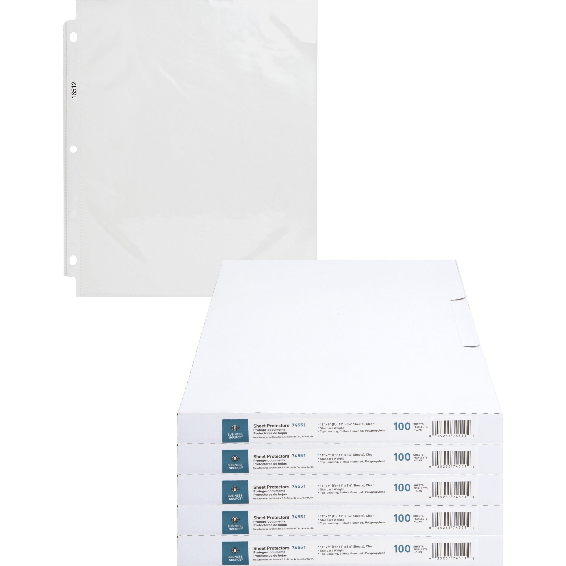 business-source-poly-sheet-protectors-11-height-x-9-width-for-letter-8-1-2-x-11-sheet-3-x-holes-ring-binder-top-loading-rectangular-clear-polypropylene-500-carton_bsn74551ct - 1