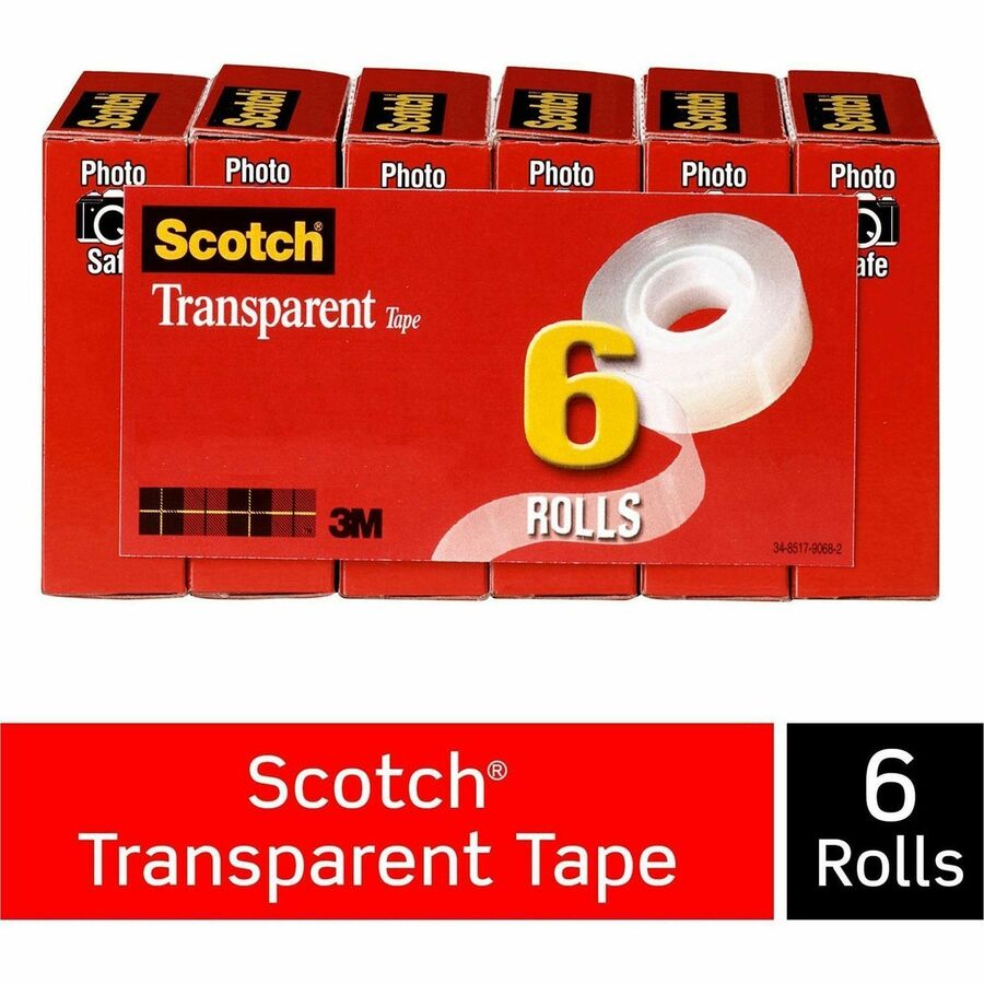 Scotch Transparent Tape - 3/4"W - 27.78 yd Length x 0.75" Width - 1" Core - Moisture Resistant, Stain Resistant, Long Lasting - For Mending, Packing, Multipurpose, Wrapping, Label Protection - 12 / Bundle - Clear