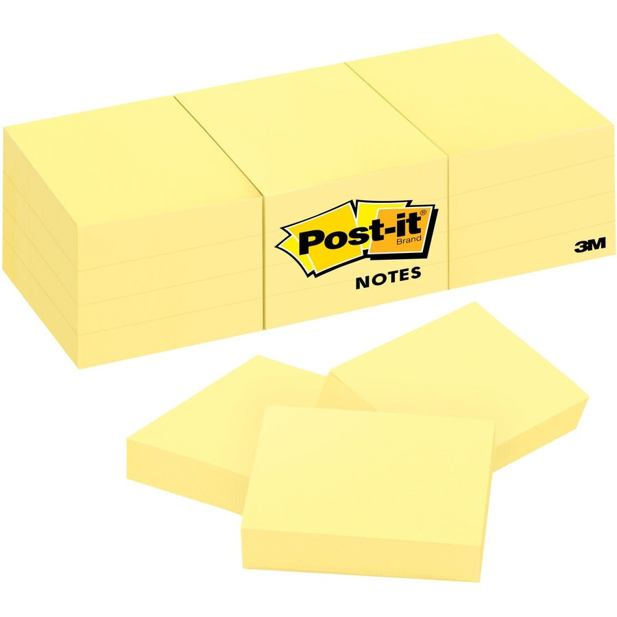 Post-it Notes Original Notepads - 1.38" x 1.88" - Rectangle - 100 Sheets per Pad - Unruled - Canary Yellow - Paper - Self-adhesive, Repositionable - 24 / Bundle