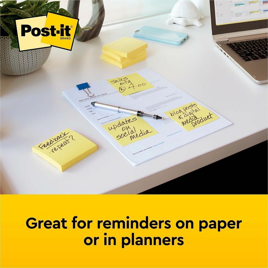 Post-it Notes Original Notepads - 3" x 3" - Square - 100 Sheets per Pad - Unruled - Canary Yellow - Paper - Self-adhesive, Repositionable - 24 / Bundle