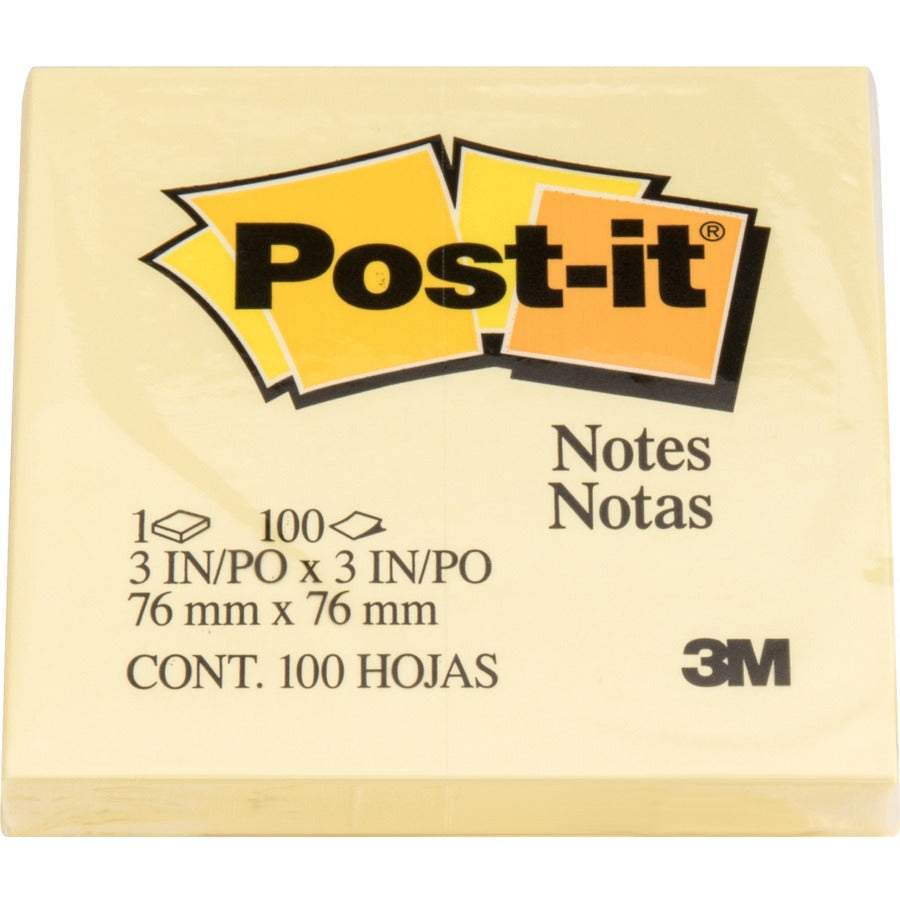 Post-it Notes Original Notepads - 3" x 3" - Square - 100 Sheets per Pad - Unruled - Canary Yellow - Paper - Self-adhesive, Repositionable - 24 / Bundle
