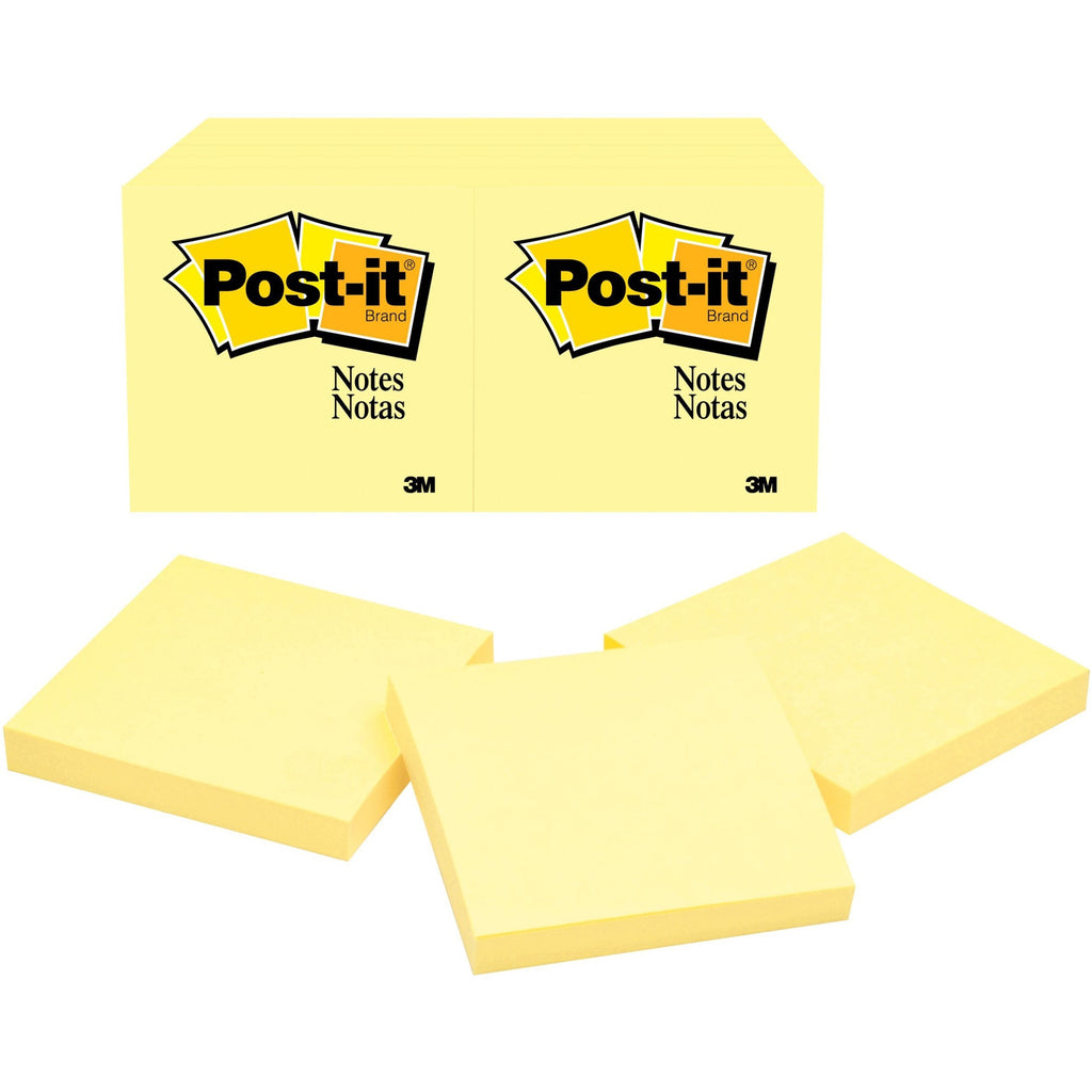 Post-it Notes Original Notepads - 3" x 3" - Square - 100 Sheets per Pad - Unruled - Canary Yellow - Paper - Self-adhesive, Repositionable - 24 / Bundle