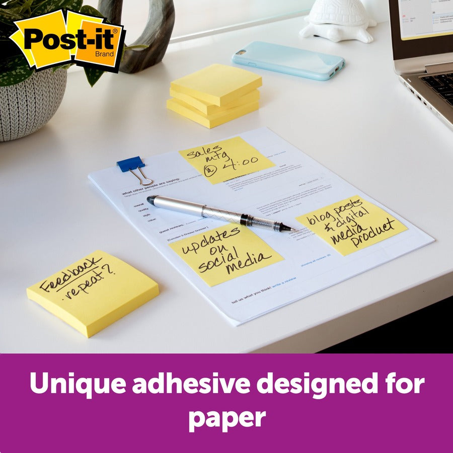 Post-it Notes Original Notepads - 3" x 3" - Square - 100 Sheets per Pad - Unruled - Canary Yellow - Paper - Self-adhesive, Repositionable - 24 / Bundle