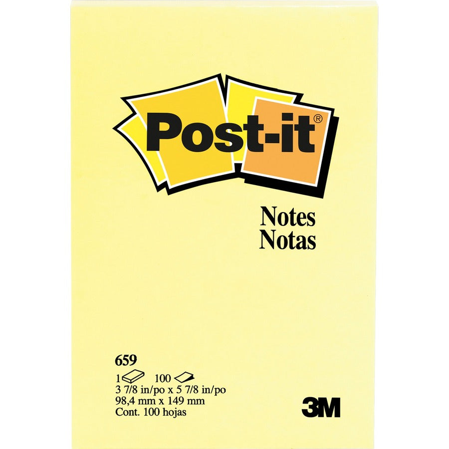 Post-it Notes Original Notepads - 4" x 6" - Rectangle - 100 Sheets per Pad - Unruled - Canary Yellow - Paper - Self-adhesive, Repositionable - 24 / Bundle