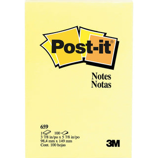 Post-it Notes Original Notepads - 4" x 6" - Rectangle - 100 Sheets per Pad - Unruled - Canary Yellow - Paper - Self-adhesive, Repositionable - 24 / Bundle