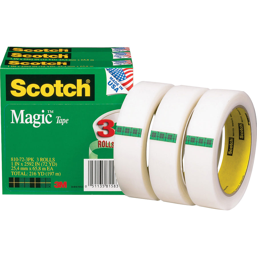 Scotch Magic Tape - 72 yd Length x 1" Width - 3" Core - For Mending, Splicing - 12 / Bundle - Matte - Clear