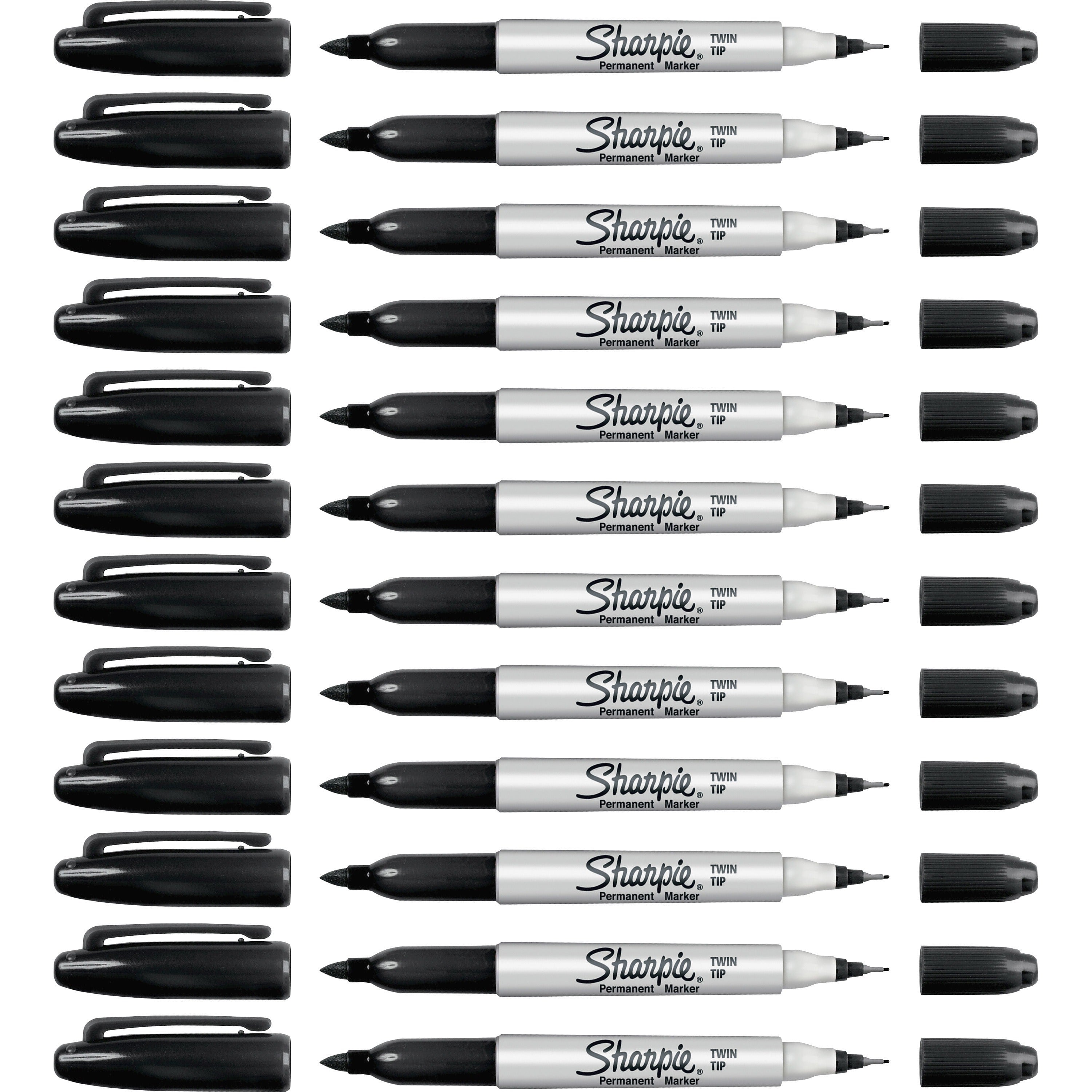 Sharpie Twin Tip Permanent Markers - Ultra Fine, Fine Marker Point - Black Alcohol Based Ink - 12 / Box