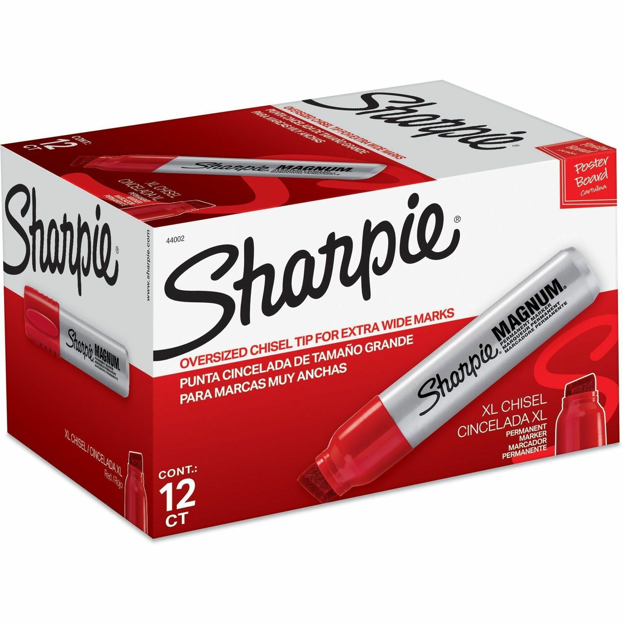 sharpie-magnum-permanent-marker-jumbo-marker-point-1587-mm-marker-point-size-chisel-marker-point-style-red-silver-plastic-barrel-felt-tip-12-box_san44002bx - 1