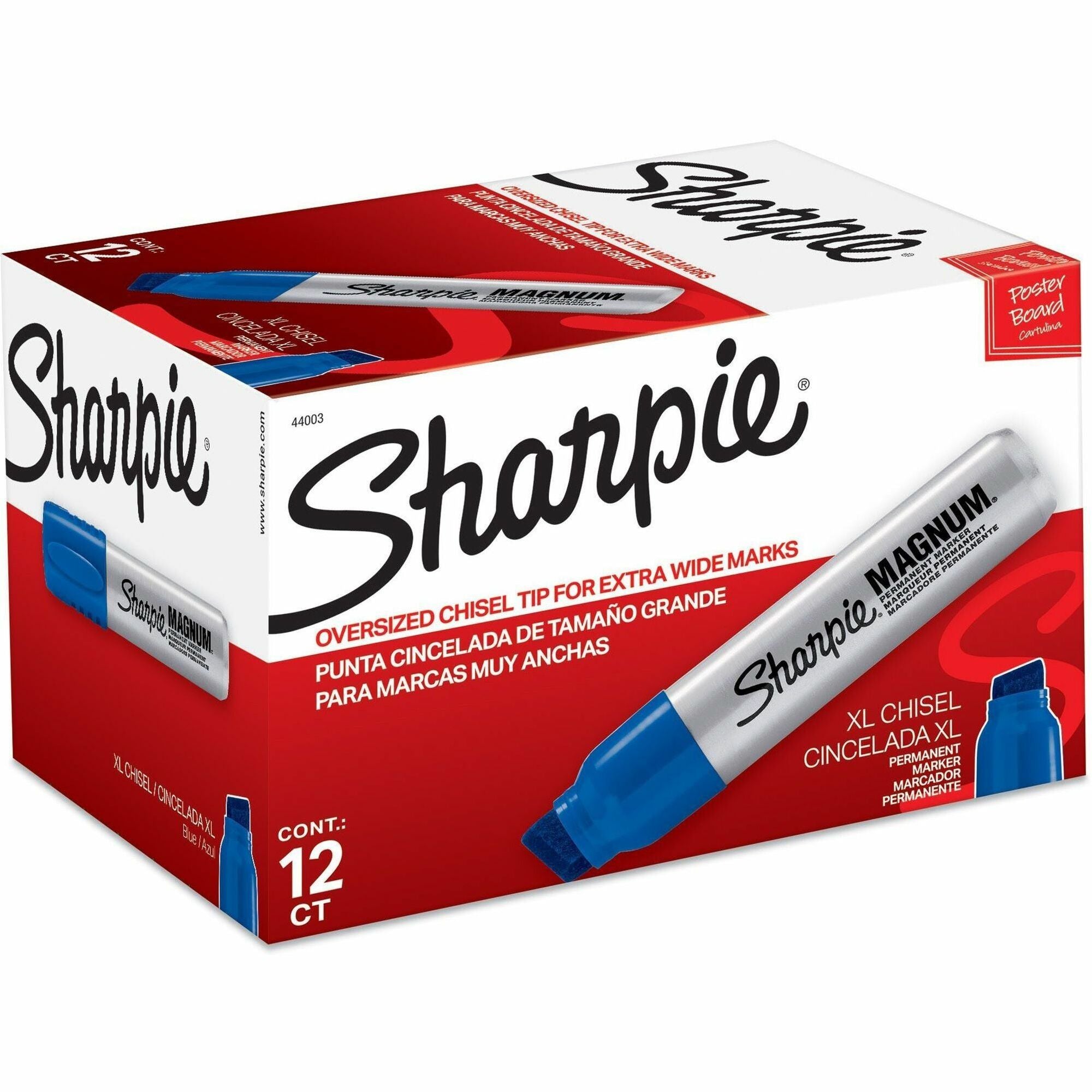 sharpie-magnum-permanent-marker-jumbo-marker-point-1587-mm-marker-point-size-chisel-marker-point-style-blue-silver-plastic-barrel-felt-tip-12-box_san44003bx - 1