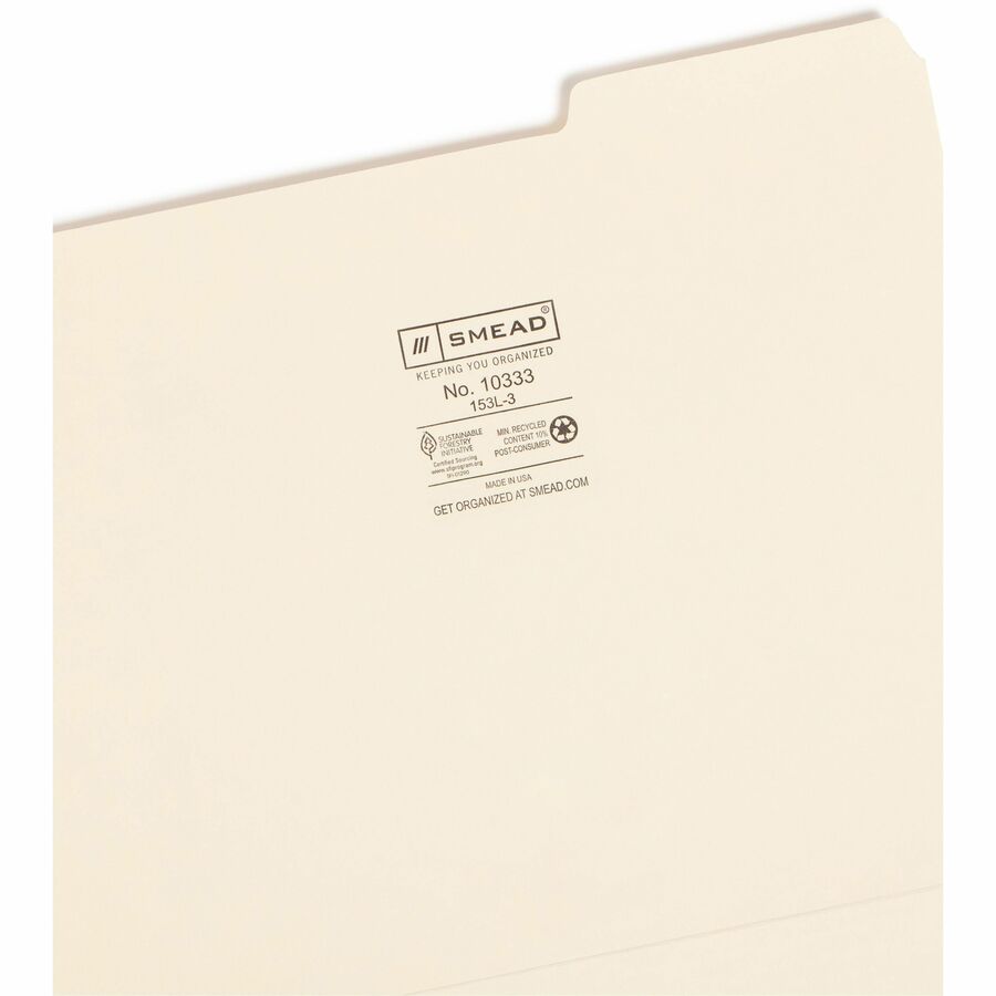 Smead 1/3 Tab Cut Letter Recycled Top Tab File Folder - 8 1/2" x 11" - 3/4" Expansion - Top Tab Location - Right Tab Position - Manila - 10% Recycled - 5 / Carton