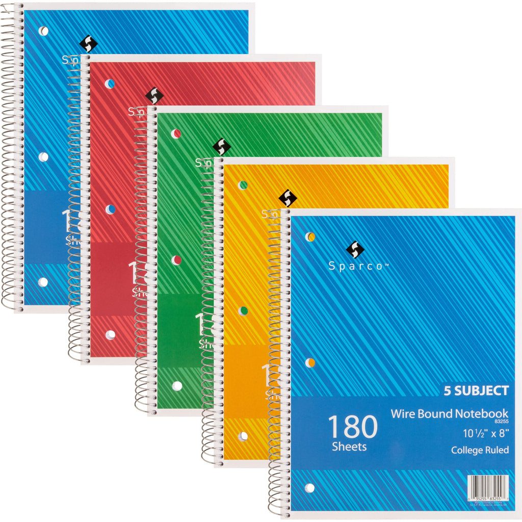 sparco-wirebound-college-ruled-notebooks-180-sheets-wire-bound-college-ruled-unruled-margin-8-x-10-1-2-assorted-paper-assortedchipboard-cover-resist-bleed-through-subject-stiff-back-stiff-cover-5-bundle_spr83255bd - 1