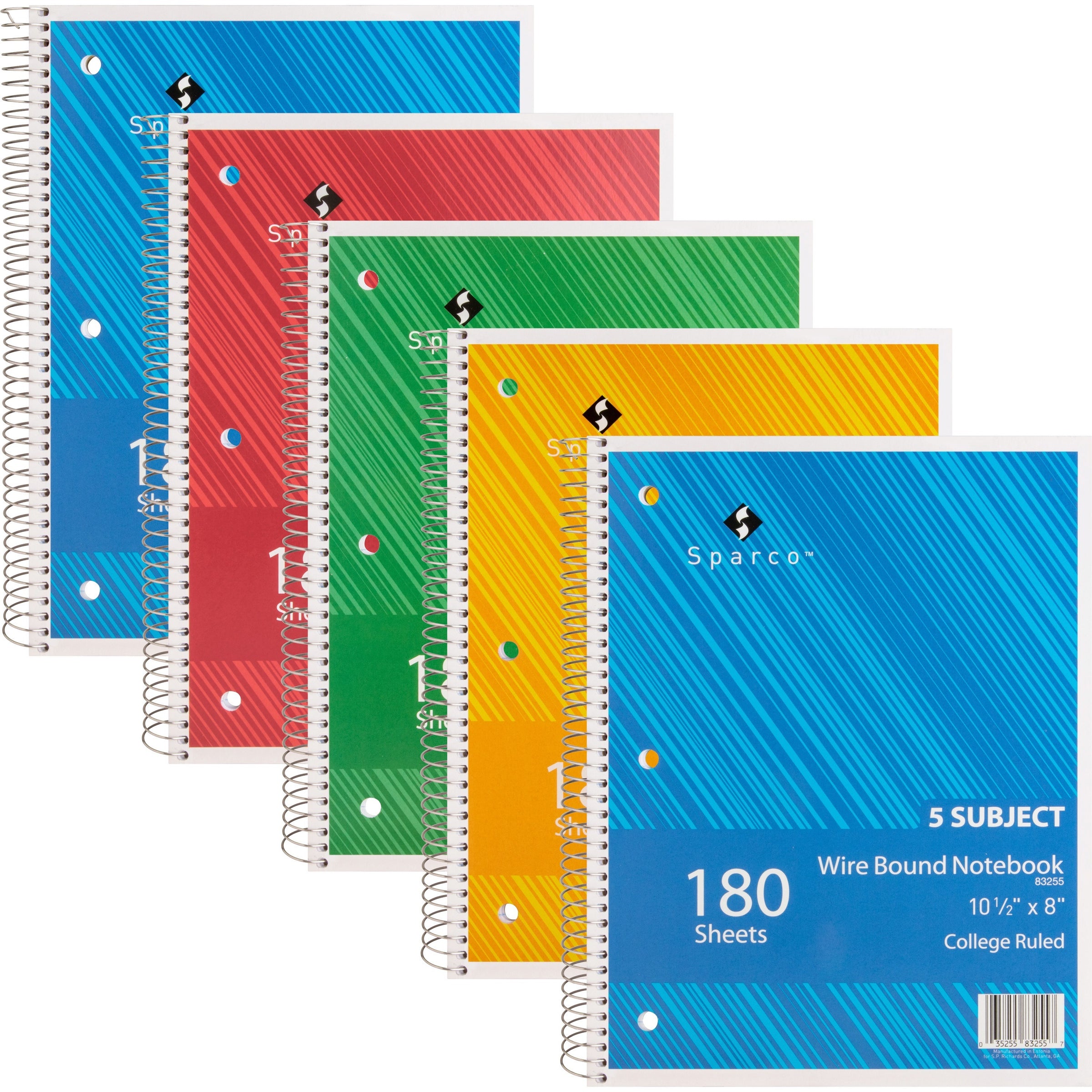 sparco-wirebound-college-ruled-notebooks-180-sheets-wire-bound-college-ruled-unruled-margin-8-x-10-1-2-assorted-paper-assortedchipboard-cover-resist-bleed-through-subject-stiff-back-stiff-cover-5-bundle_spr83255bd - 1