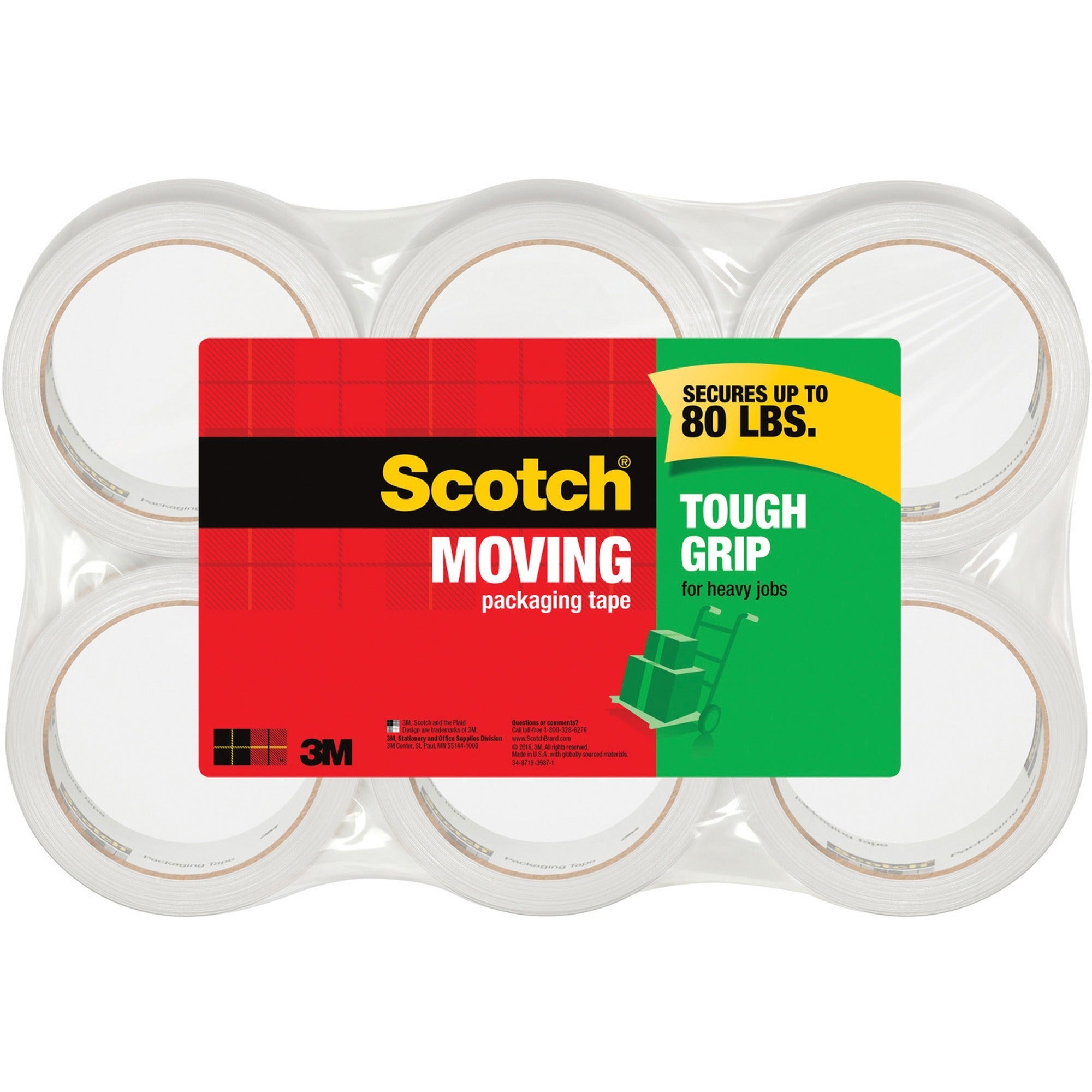 Tough Grip Moving Packaging Tape, 3" Core, 1.88" x 54.6 yds, Clear, 6/Pack