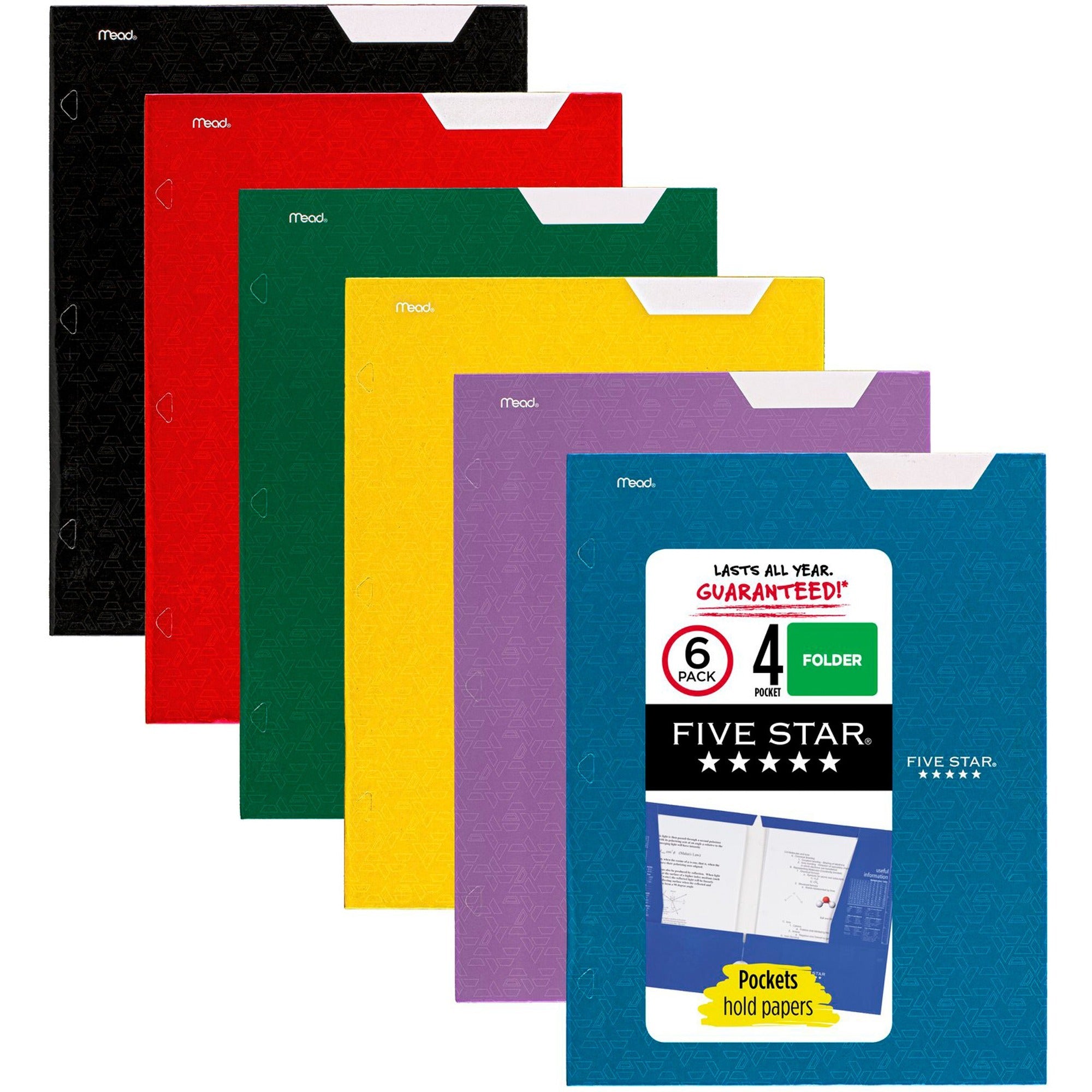 FIVE STAR Letter Pocket Folder - 8 1/2" x 11" - 4 Internal Pocket(s) - Assorted - 6 / Pack