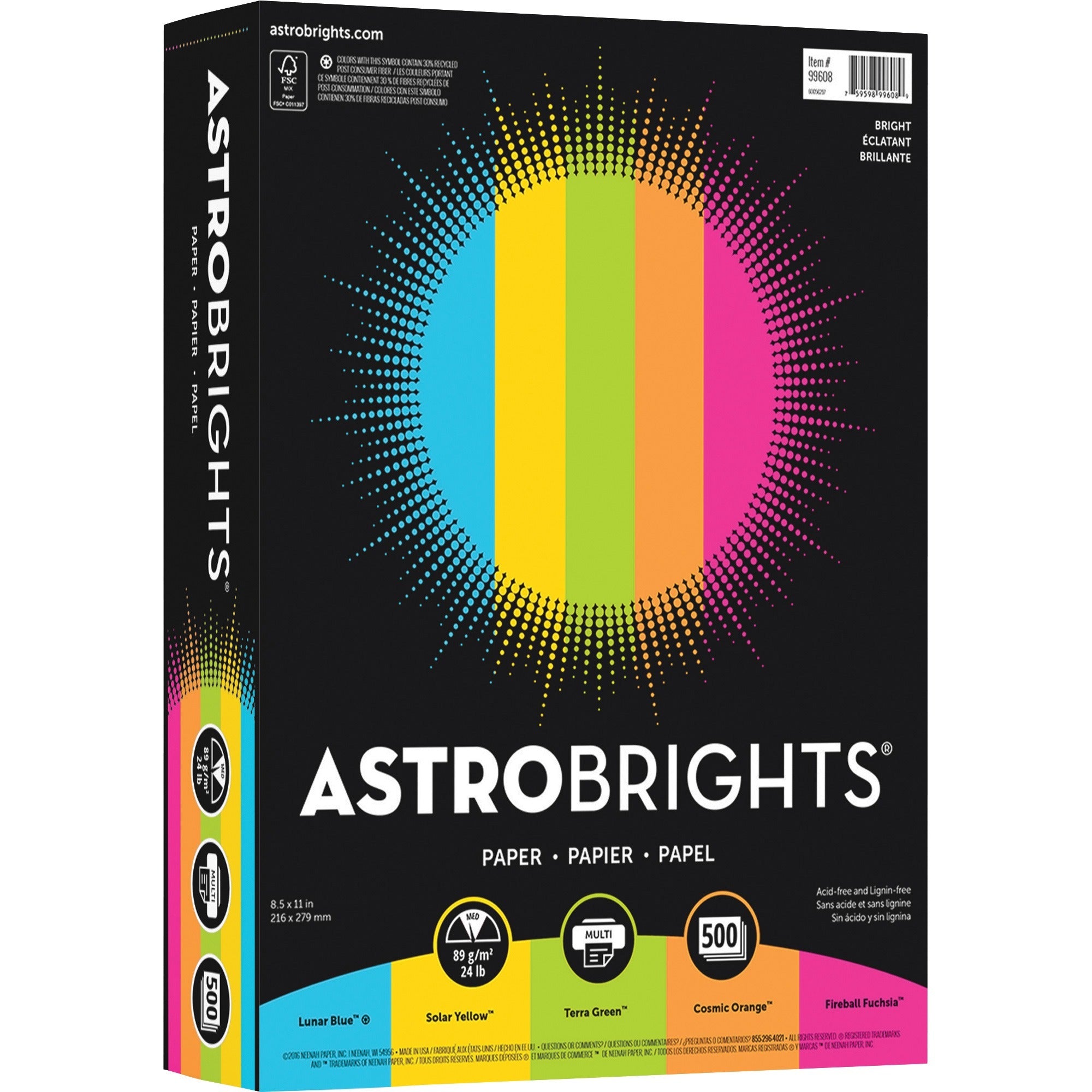 Color Paper -"Bright" Assortment, 24 lb Bond Weight, 8.5 x 11, Assorted Bright Colors, 500/Ream