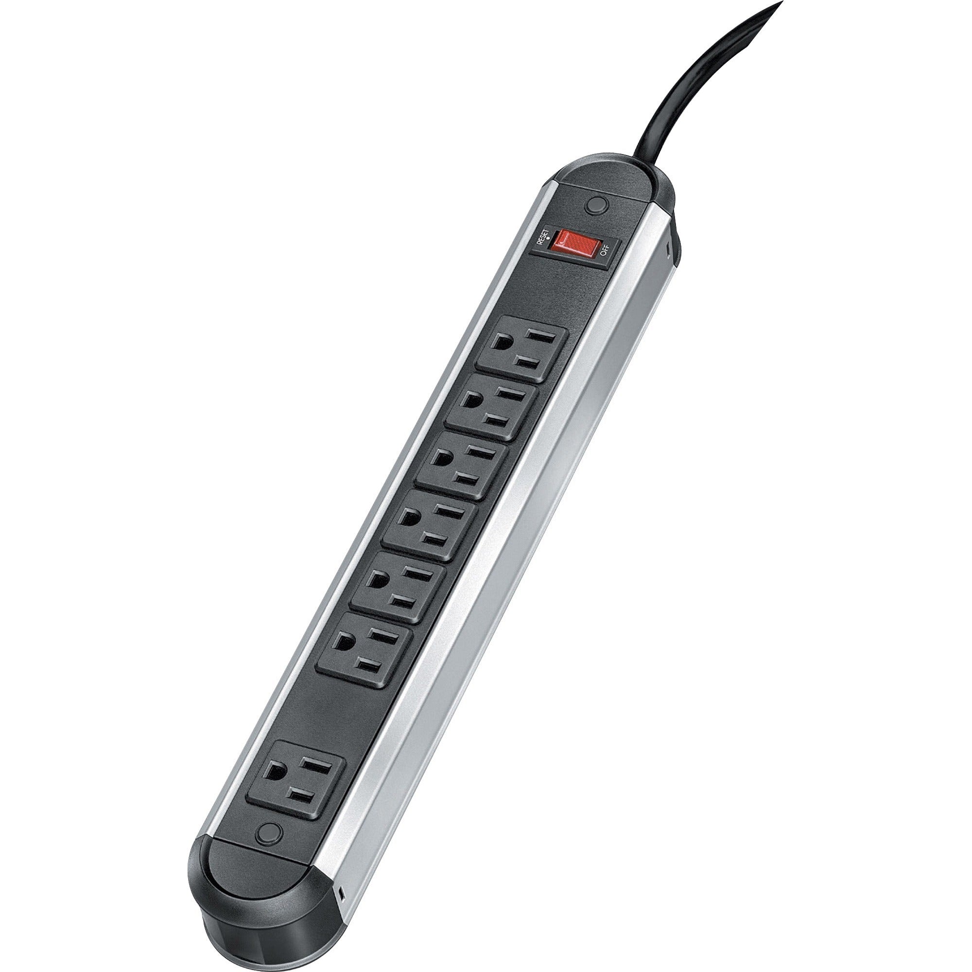 Metal Power Strip, 7 Outlets, 12 ft Cord, Black/Silver