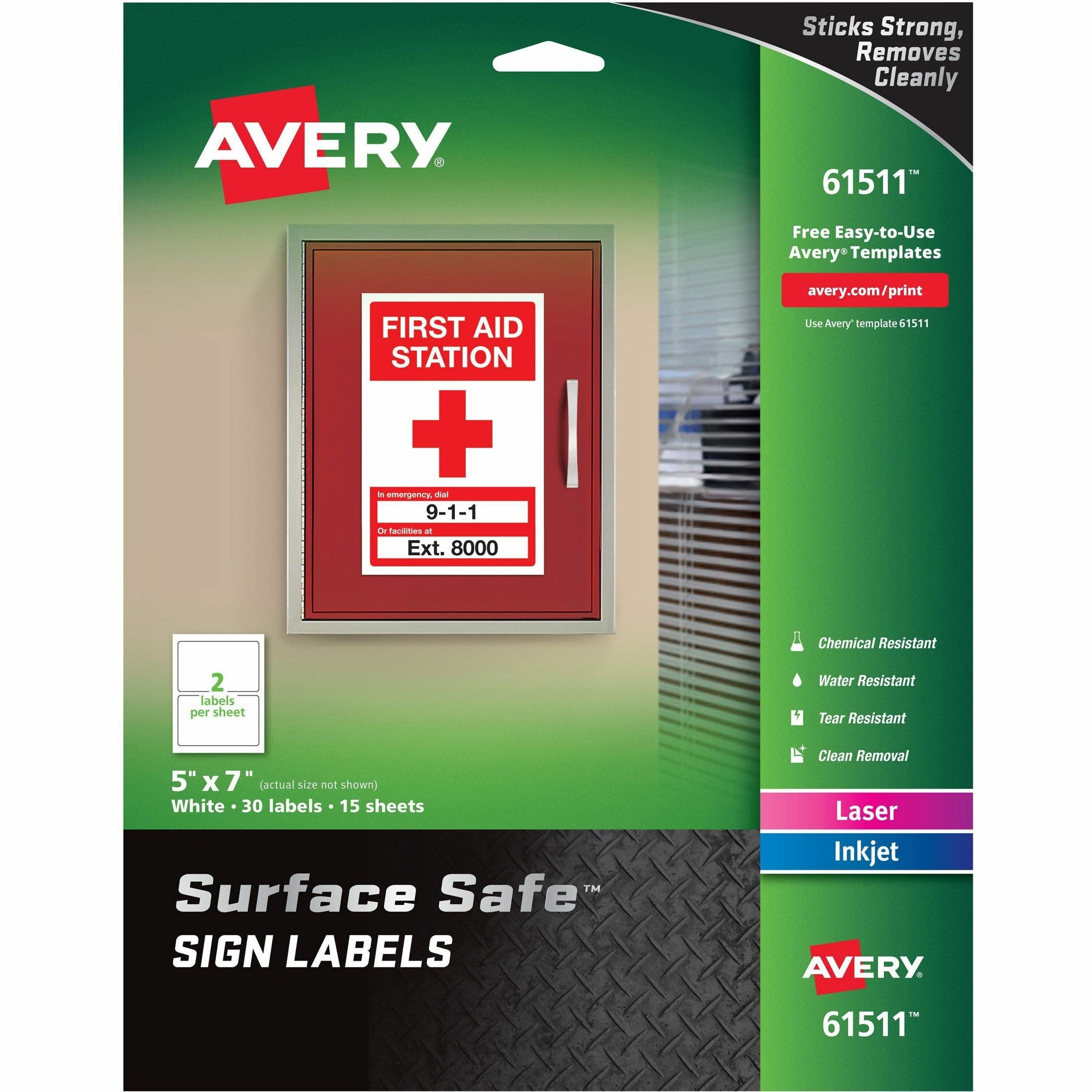 Surface Safe Removable Label Safety Signs, Inkjet/Laser Printers, 5 x 7, White, 2/Sheet, 15 Sheets/Pack