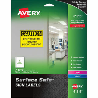 Surface Safe Removable Label Safety Signs, Inkjet/Laser Printers, 7 x 10, White, 15/Pack