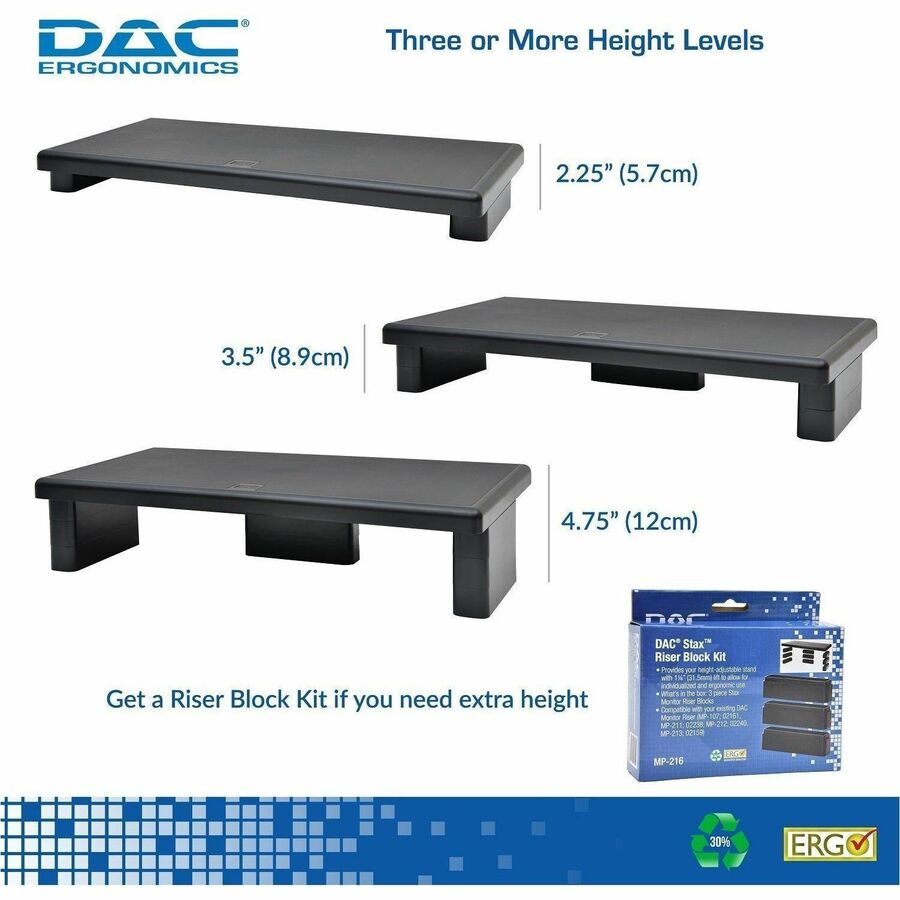 DAC Stax Ergonomic Height Adjustable Ultra Wide Monitor Stand - 66 lb Load Capacity - 4.8" Height x 22" Width x 10.5" Depth - Plastic - Black - TAA Compliant