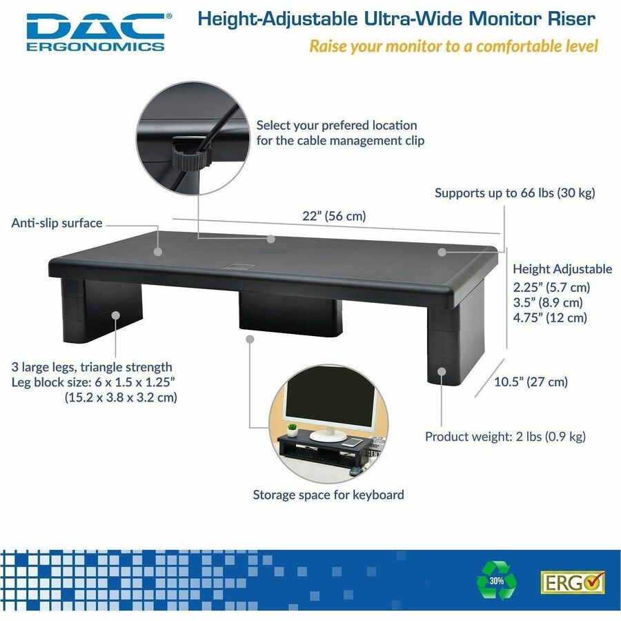 DAC Stax Ergonomic Height Adjustable Ultra Wide Monitor Stand - 66 lb Load Capacity - 4.8" Height x 22" Width x 10.5" Depth - Plastic - Black - TAA Compliant
