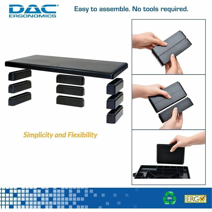DAC Stax Ergonomic Height Adjustable Ultra Wide Monitor Stand - 66 lb Load Capacity - 4.8" Height x 22" Width x 10.5" Depth - Plastic - Black - TAA Compliant