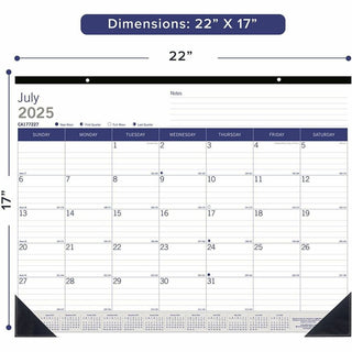 Academic Monthly Desk Pad Calendar, 22 x 17, White/Blue/Gray Sheets, Black Binding/Corners, 13-Month (July-July): 2023-2024