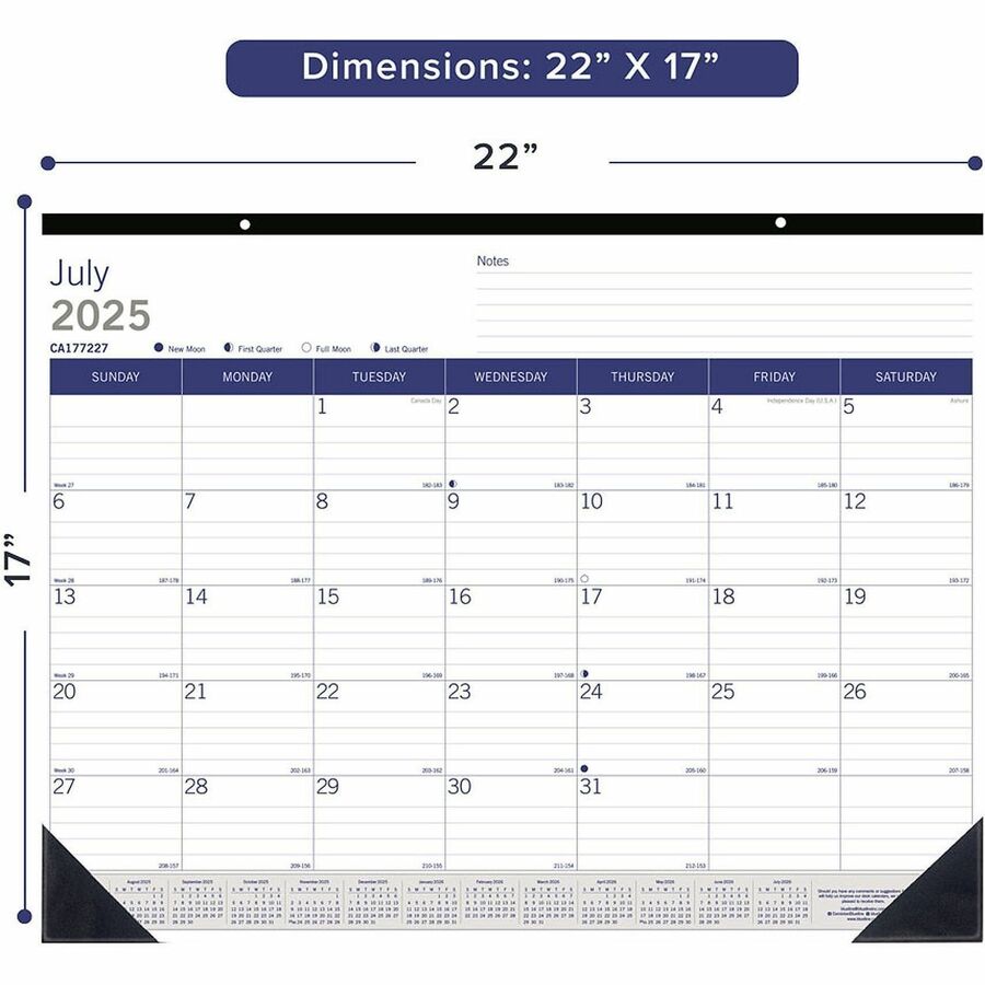 Academic Monthly Desk Pad Calendar, 22 x 17, White/Blue/Gray Sheets, Black Binding/Corners, 13-Month (July-July): 2023-2024
