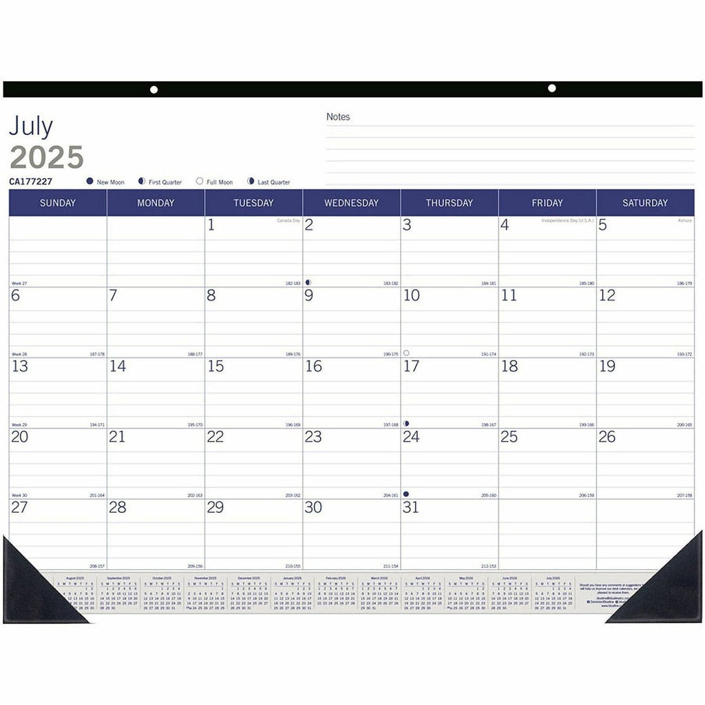 Academic Monthly Desk Pad Calendar, 22 x 17, White/Blue/Gray Sheets, Black Binding/Corners, 13-Month (July-July): 2023-2024