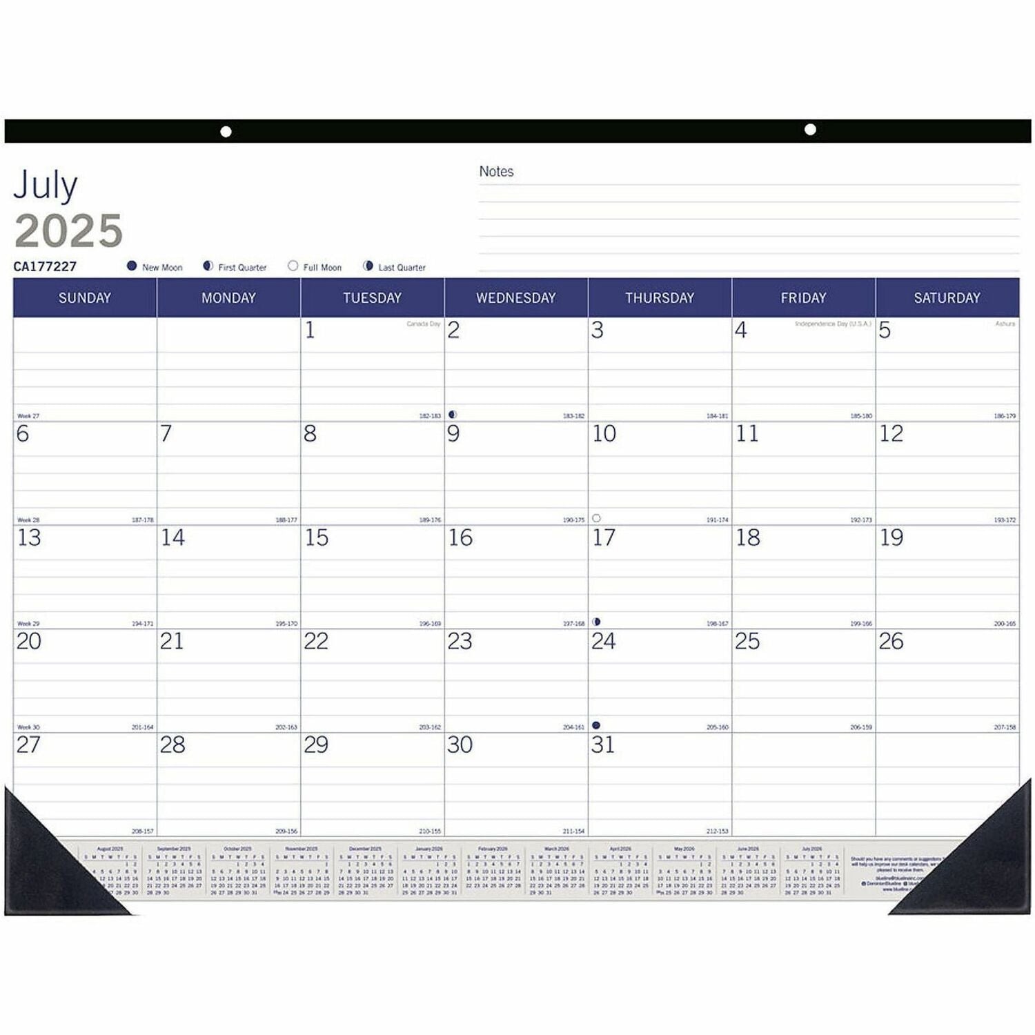 Academic Monthly Desk Pad Calendar, 22 x 17, White/Blue/Gray Sheets, Black Binding/Corners, 13-Month (July-July): 2023-2024