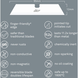 Slice Pointed Tip Ceramic Utility Blades - 2.60" Length - Pointed Tip, Non-conductive, Non-magnetic, Reversible, Retractable, Rust Resistant, Non-sparking - Zirconium Oxide - 3 / Pack - White